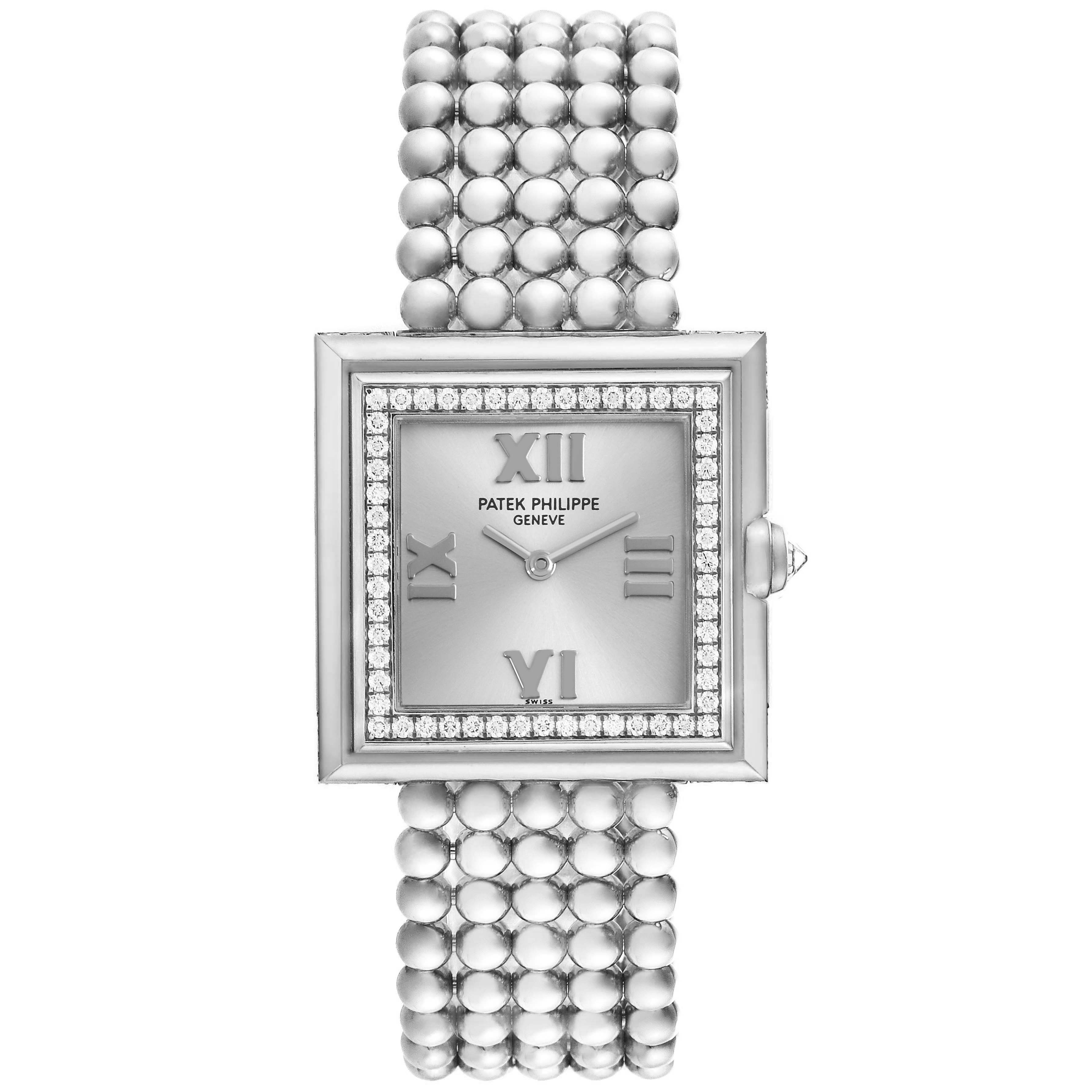 The Patek Philippe Gondolo 4868/001 Women's White Gold White Dial 4868/001 Women's White Gold White Dial watch is shown from the front, displaying the square face and beaded bracelet.