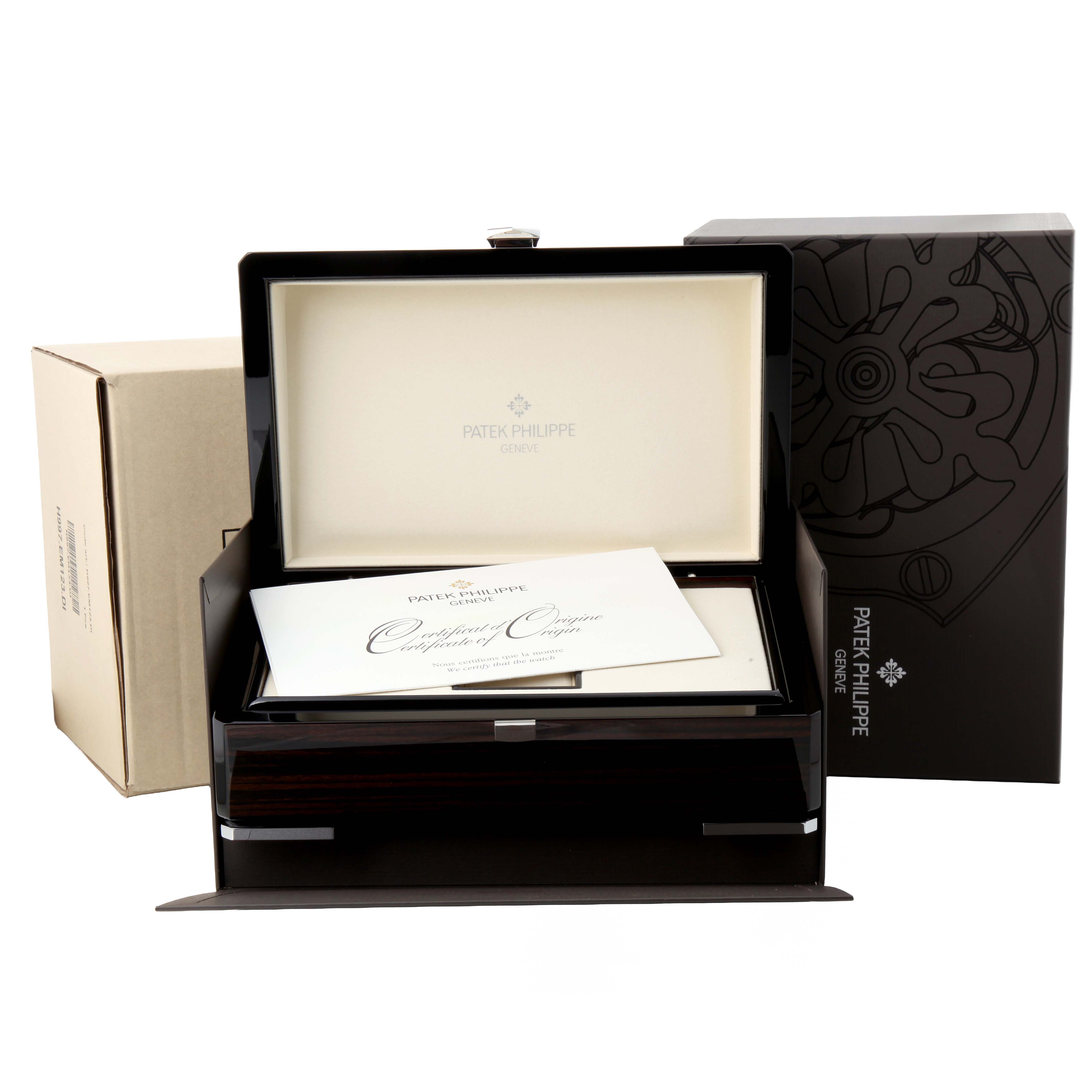 The image shows the Patek Philippe Nautilus 5980R-001 Men's Rose Gold Brown Dial box at an angle, revealing the open case, outer packaging, and certificate of origin.