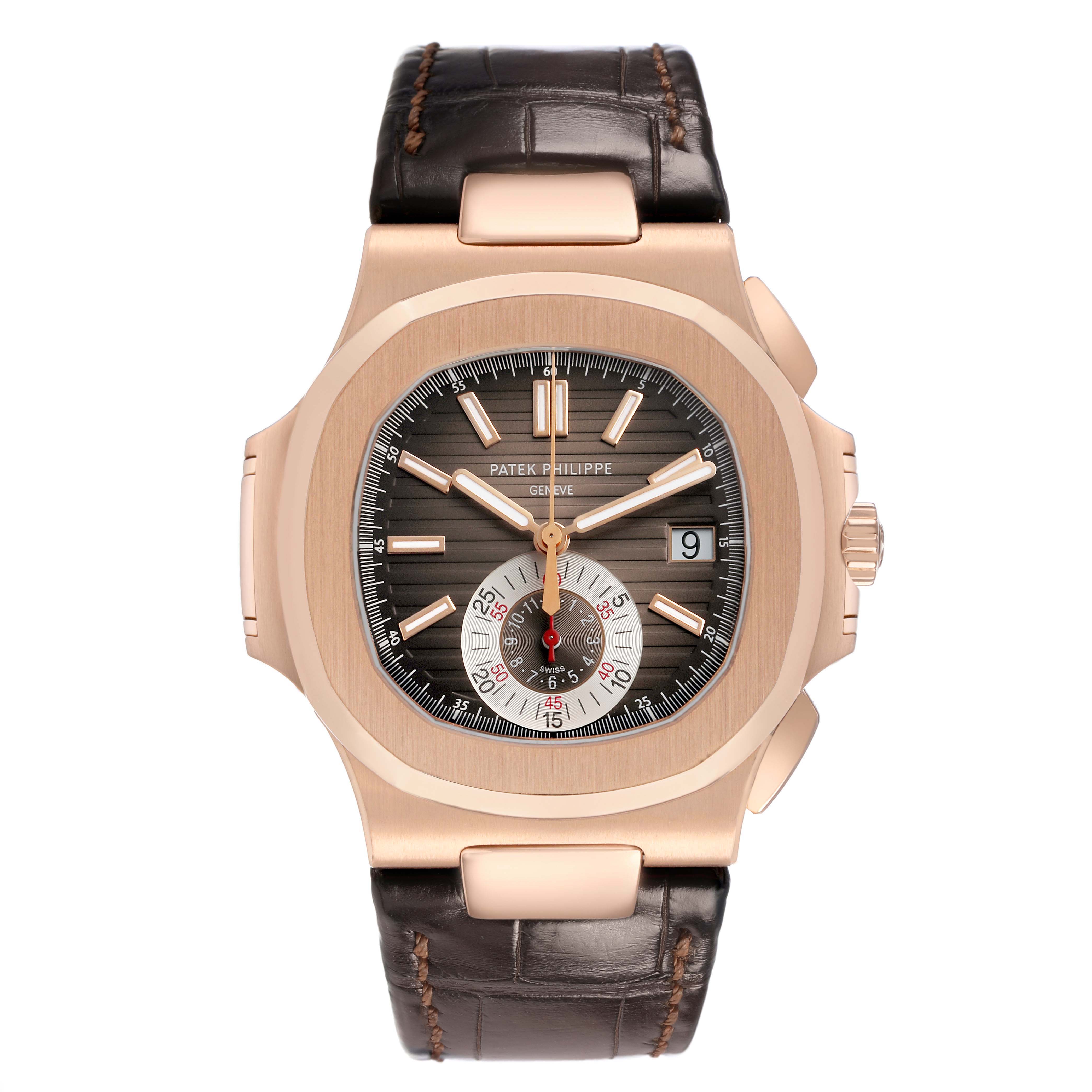 The Patek Philippe Nautilus 5980R-001 Men's Rose Gold Brown Dial watch is shown from a front angle, displaying the face, dial, hands, and leather strap.