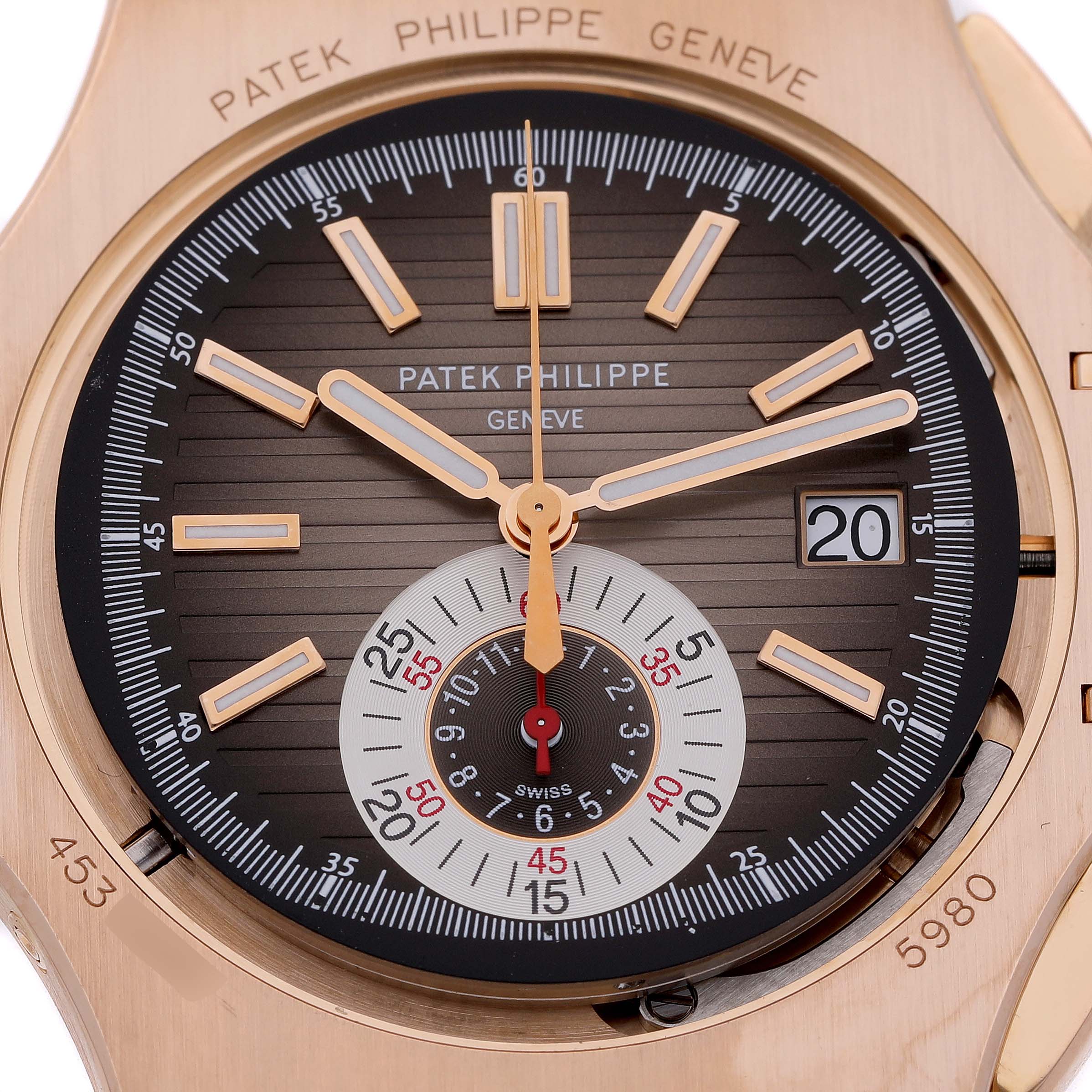 The image shows a close-up of the Patek Philippe Nautilus 5980R-001 Men's Rose Gold Brown Dial watch face, highlighting the dial, hands, markers, and date window.
