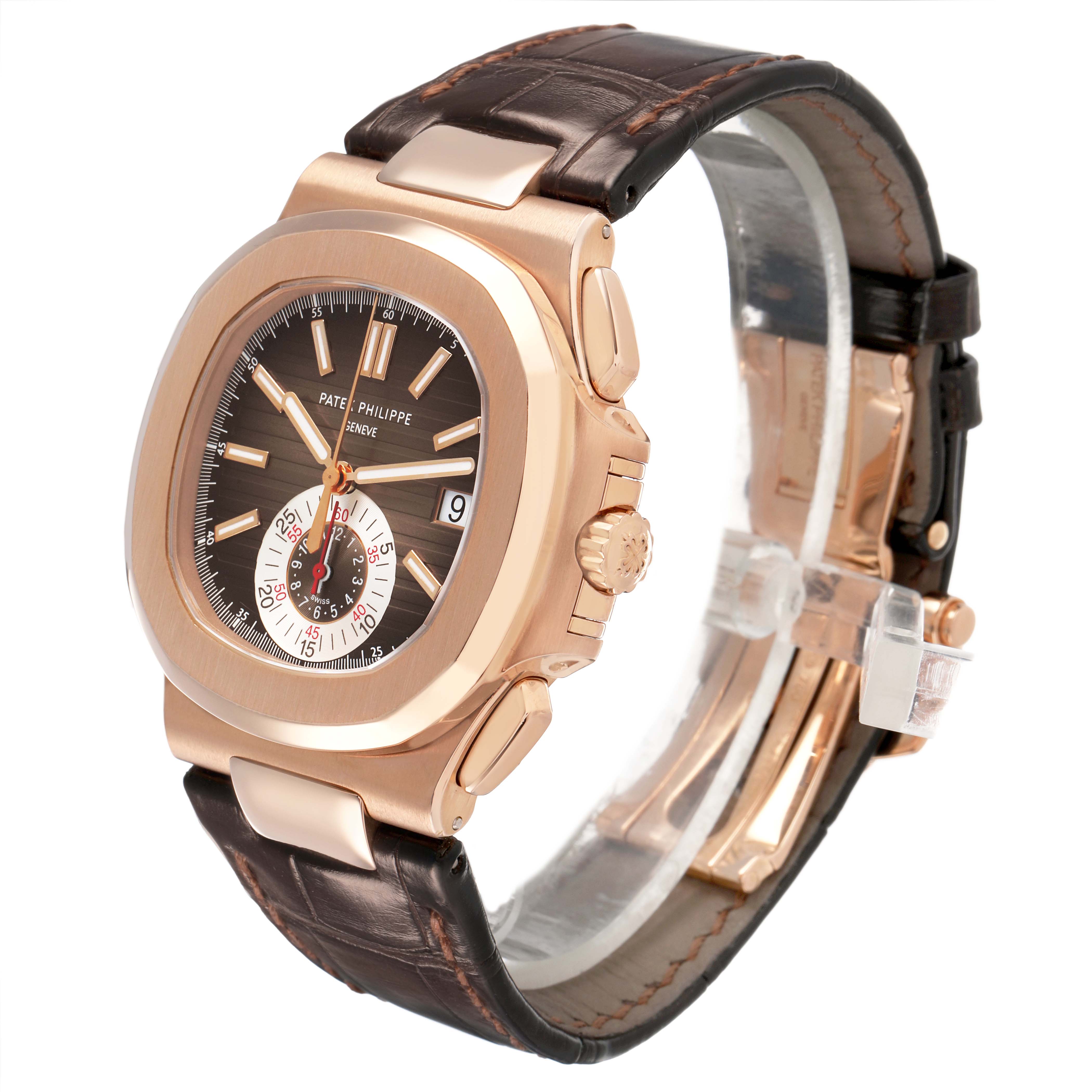 The Patek Philippe Nautilus 5980R-001 Men's Rose Gold Brown Dial watch is angled to show the face, case, crown, and leather strap.