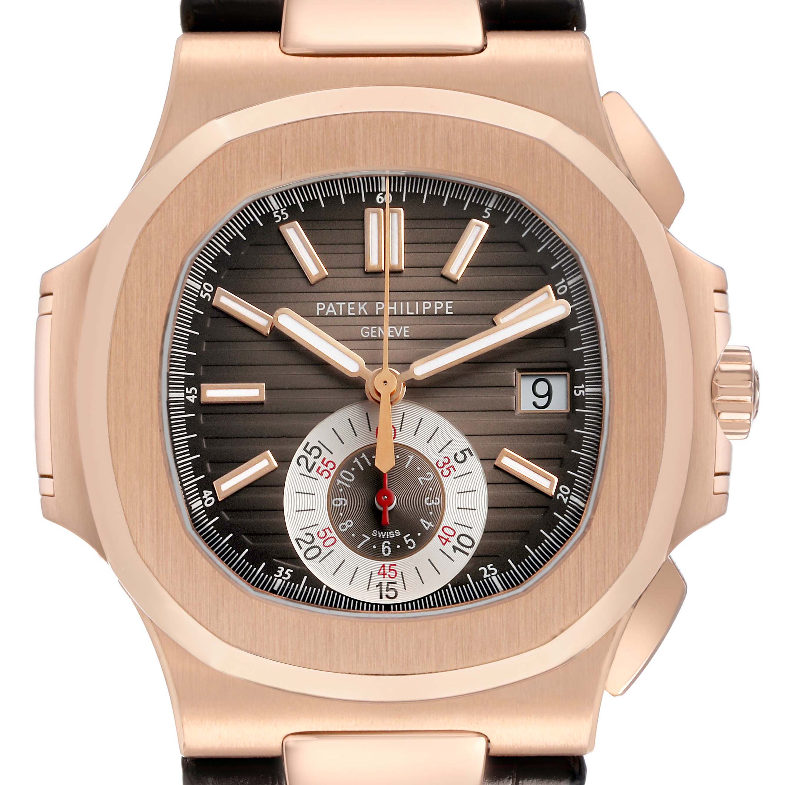 The image shows a front view of the Patek Philippe Nautilus 5980R-001 Men's Rose Gold Brown Dial watch, highlighting the case, dial, hands, subdial, and date window.