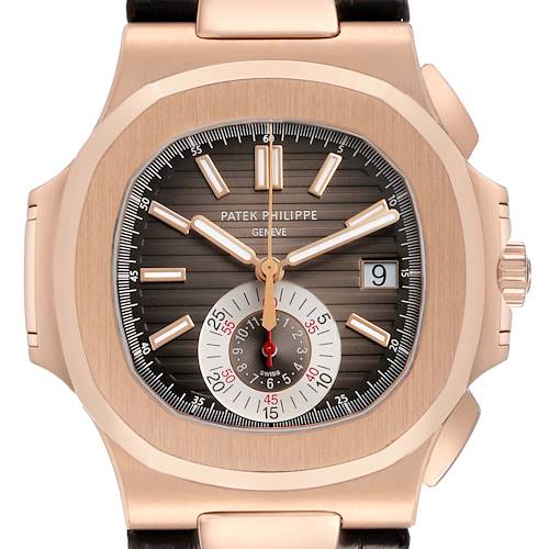 The Patek Philippe Nautilus 5980R-001 Men's Rose Gold Brown Dial watch is shown from the front, highlighting the dial, hour markers, hands, date window, and chronograph sub-dial.