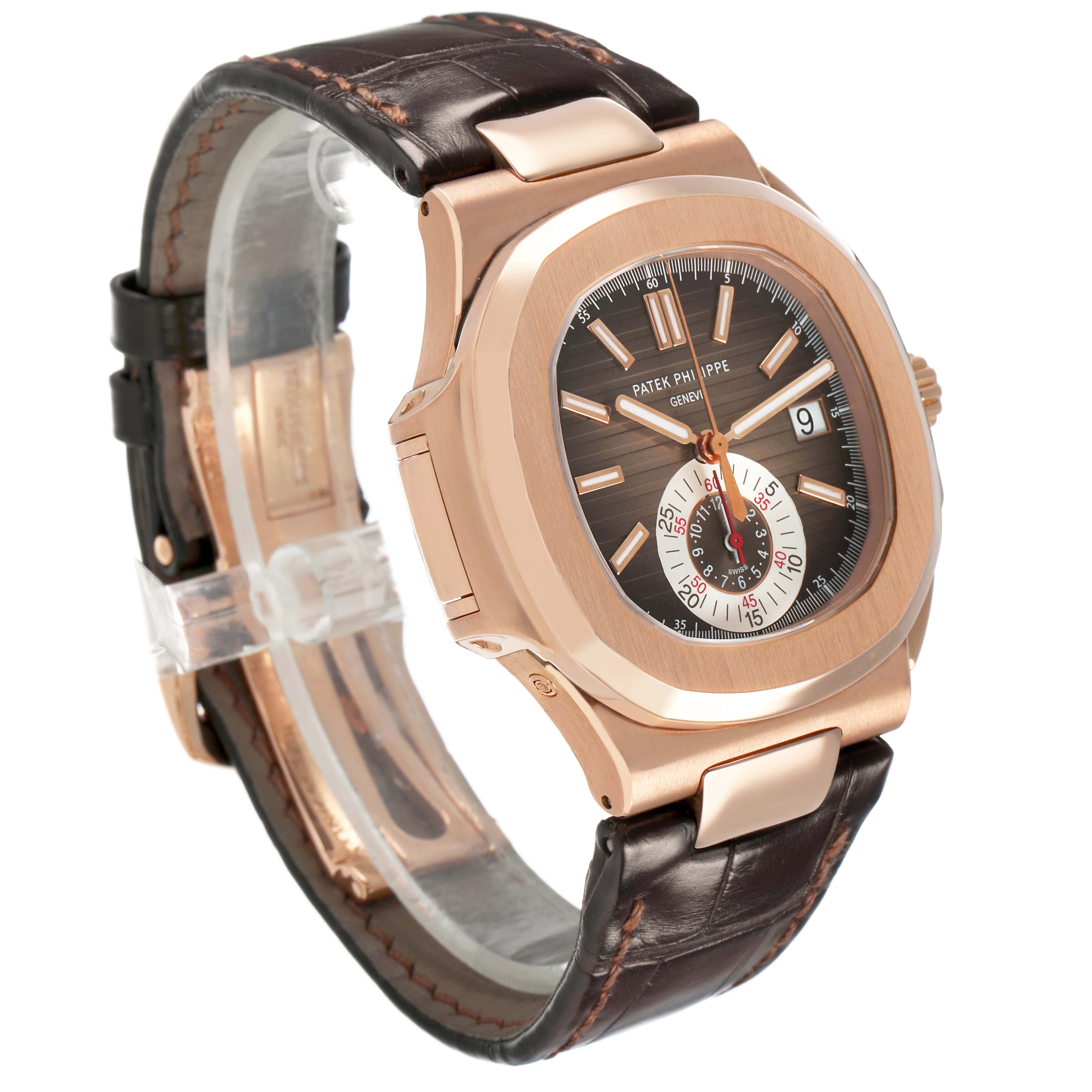 The Patek Philippe Nautilus 5980R-001 Men's Rose Gold Brown Dial watch is shown at a three-quarter angle, highlighting the case, dial, and leather strap.