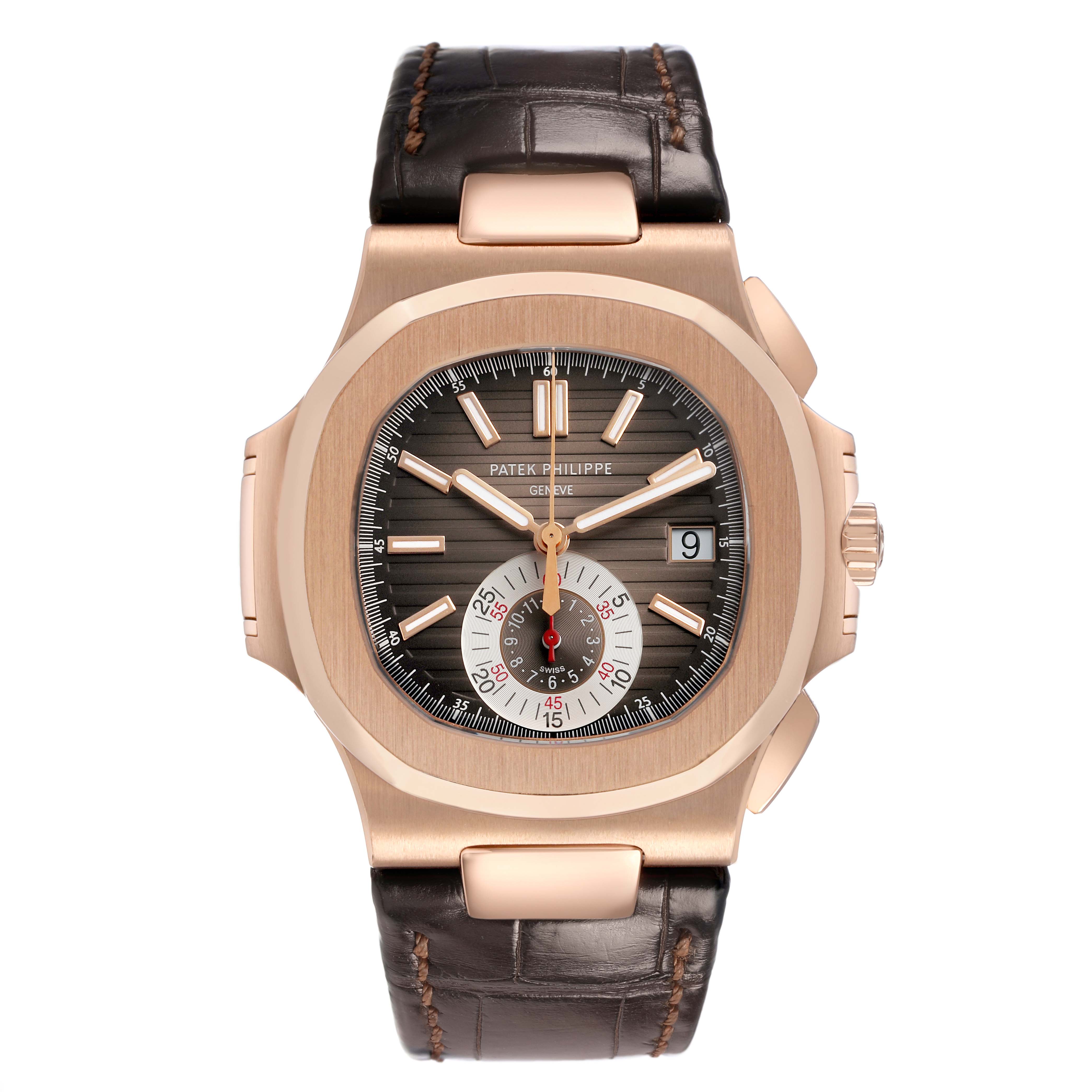 The image shows a front view of a Patek Philippe Nautilus 5980R-001 Men's Rose Gold Brown Dial watch, highlighting the dial, bezel, and leather strap.