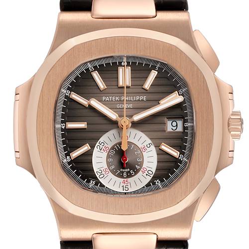 The Patek Philippe Nautilus 5980R-001 Men's Rose Gold Brown Dial watch is shown from a front angle, highlighting the dial, hands, bezel, and crown.