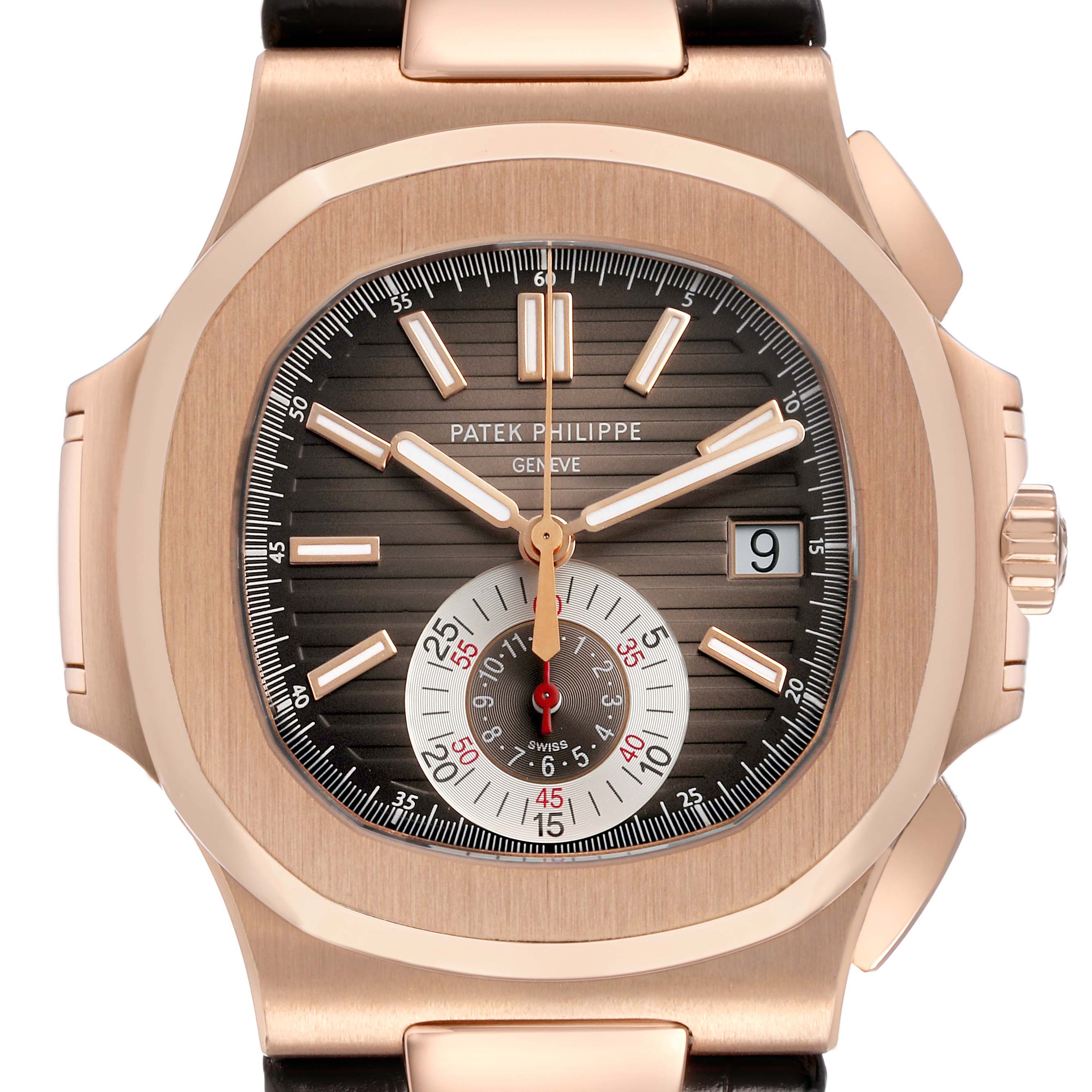 The Patek Philippe Nautilus 5980R-001 Men's Rose Gold Brown Dial watch is shown from the front, highlighting the dial, hands, subdial, and case details.
