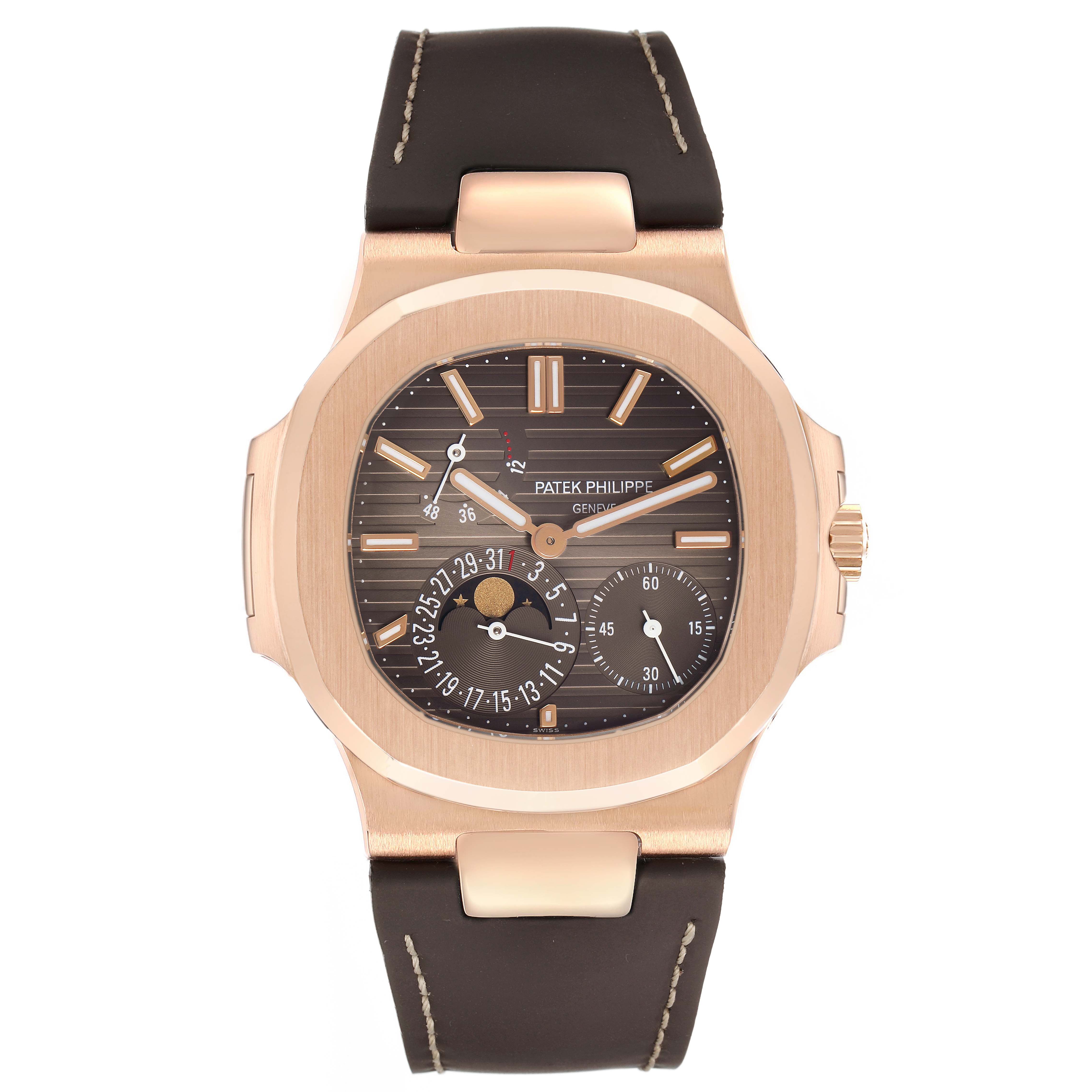 The image shows a front view of the Patek Philippe Nautilus 5712R-001 Men's Rose Gold Brown Dial watch, featuring its dial, case, and strap.