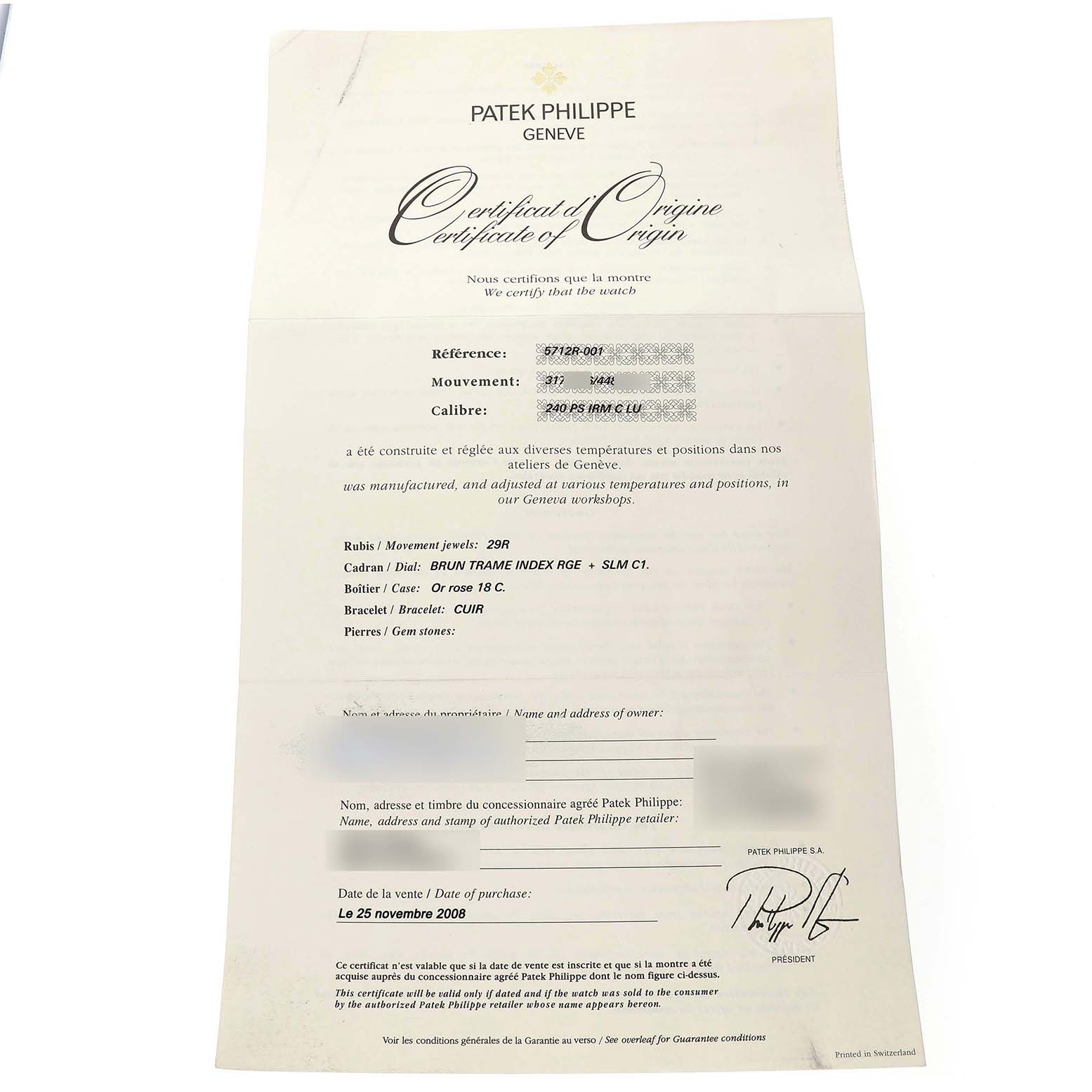 This image shows a Patek Philippe Nautilus 5712R-001 Men's Rose Gold Brown Dial certificate of origin, displaying model details and purchase information.