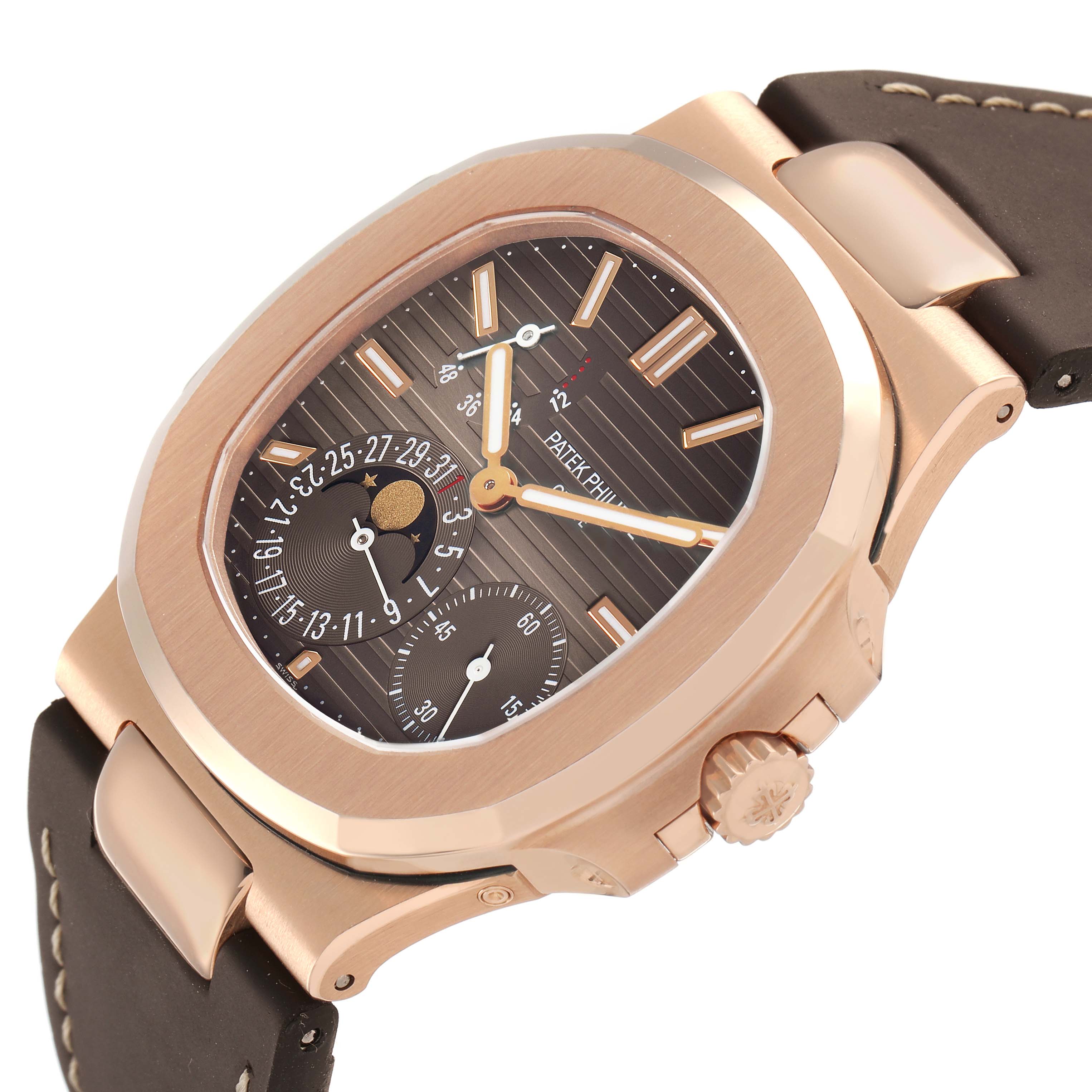 The Patek Philippe Nautilus 5712R-001 Men's Rose Gold Brown Dial watch is shown in a side angle, displaying the dial, bezel, crown, and strap attachment.