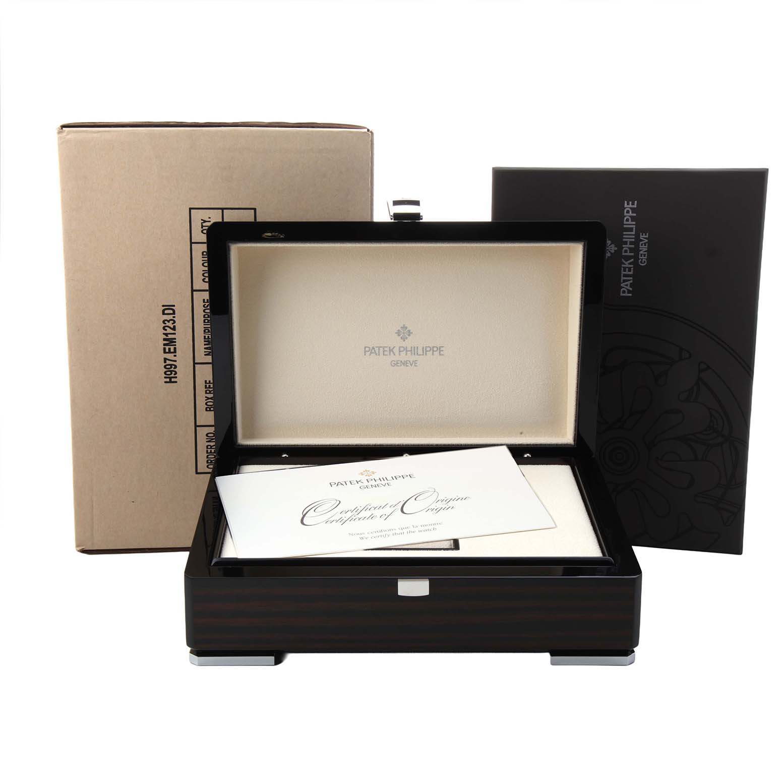 The image shows the packaging and box for the Patek Philippe Nautilus 5712R-001 Men's Rose Gold Brown Dial, including the certificate of origin.