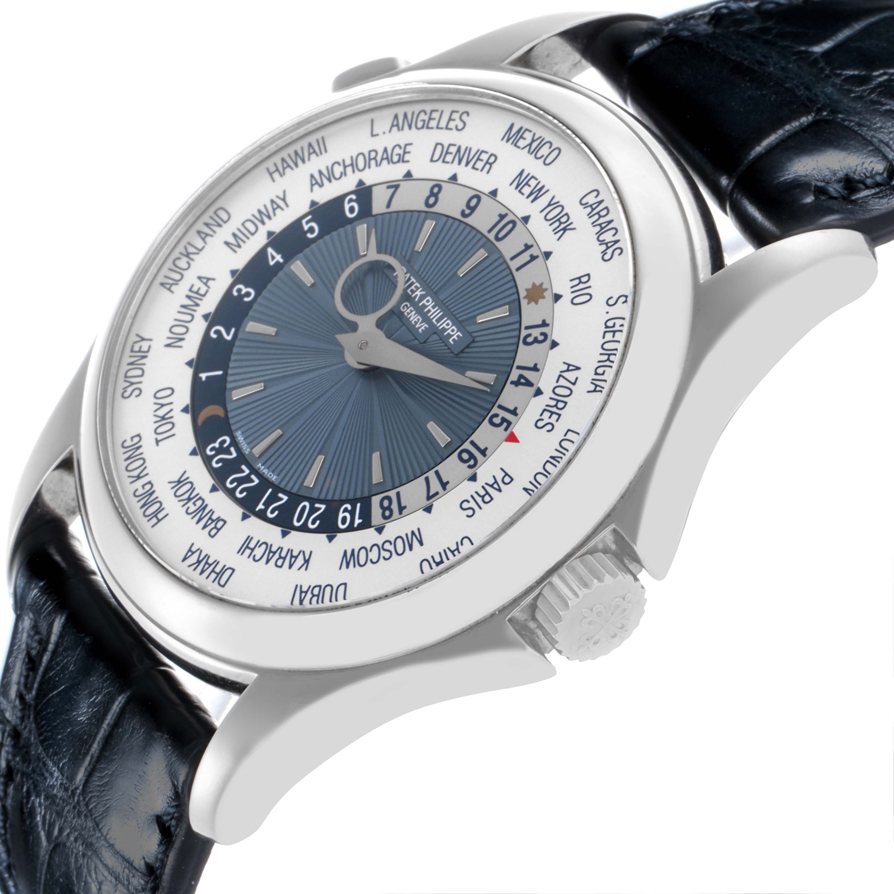 The Patek Philippe Complications 5130P-001 Men's Platinum Silver Dial 5130P-001 Men's Platinum Silver Dial watch is shown at a tilted side angle, displaying the dial, crown, case, and strap connection.