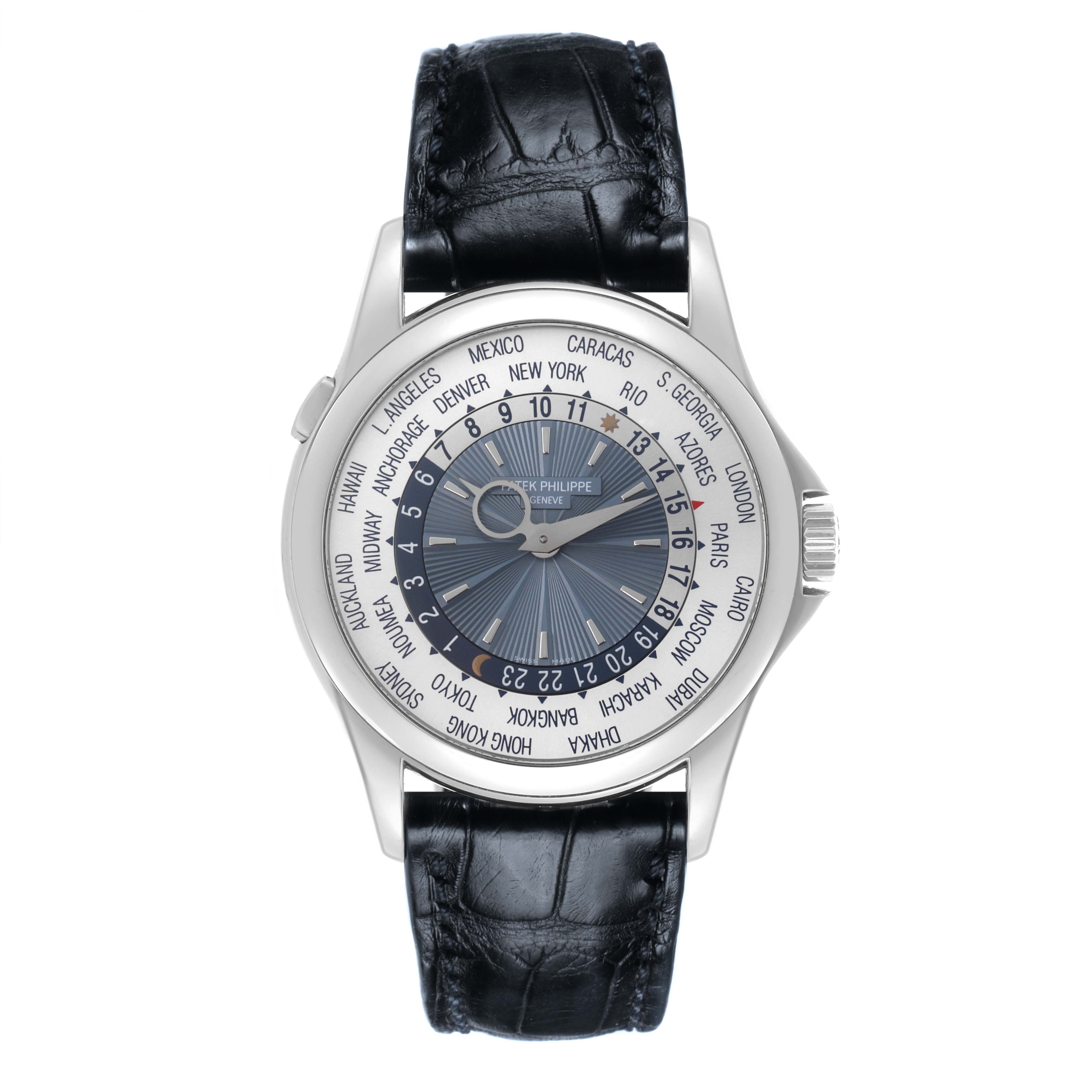 The image shows a frontal view of a Patek Philippe Complications 5130P-001 Men's Platinum Silver Dial 5130P-001 Men's Platinum Silver Dial watch, highlighting its world time dial and leather strap.