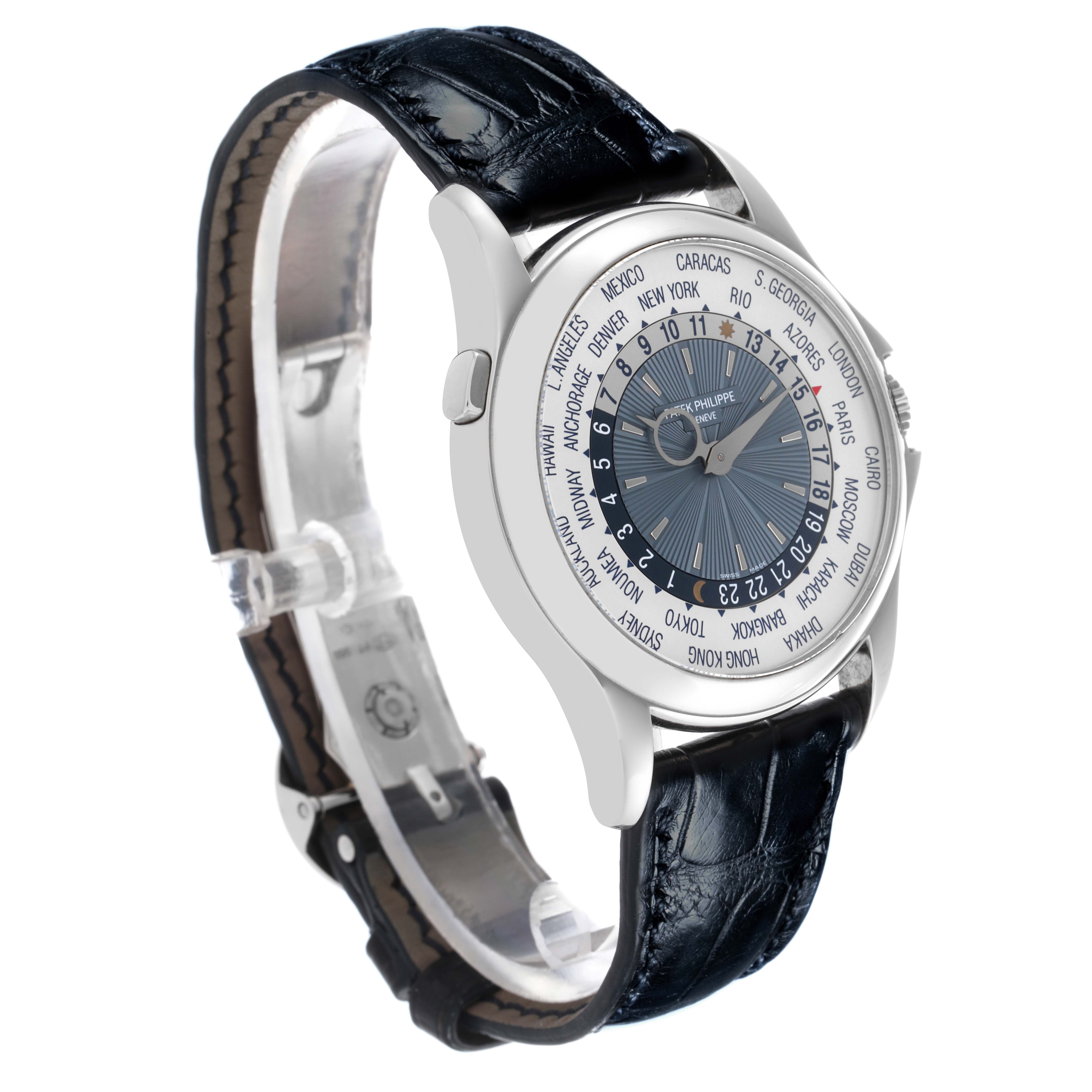 The Patek Philippe Complications 5130P-001 Men's Platinum Silver Dial 5130P-001 Men's Platinum Silver Dial watch is shown at a three-quarter angle, highlighting the dial and blue leather strap.