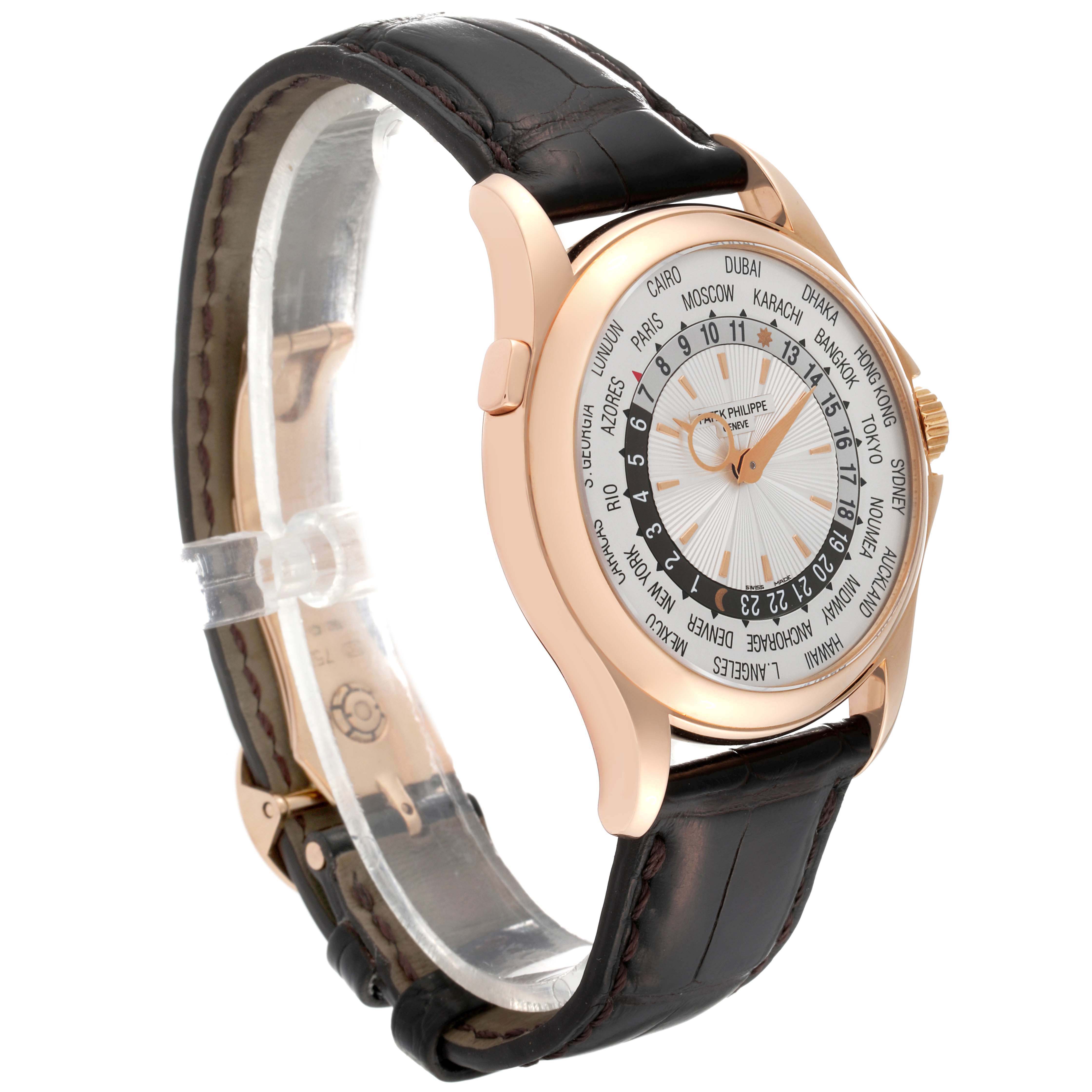 The image shows a Patek Philippe Complications 5130R-001 Men
s Rose Gold Silver Dial 5130R-001 Men
s Rose Gold Silver Dial model watch at a side angle, highlighting the face, bezel, and leather strap.