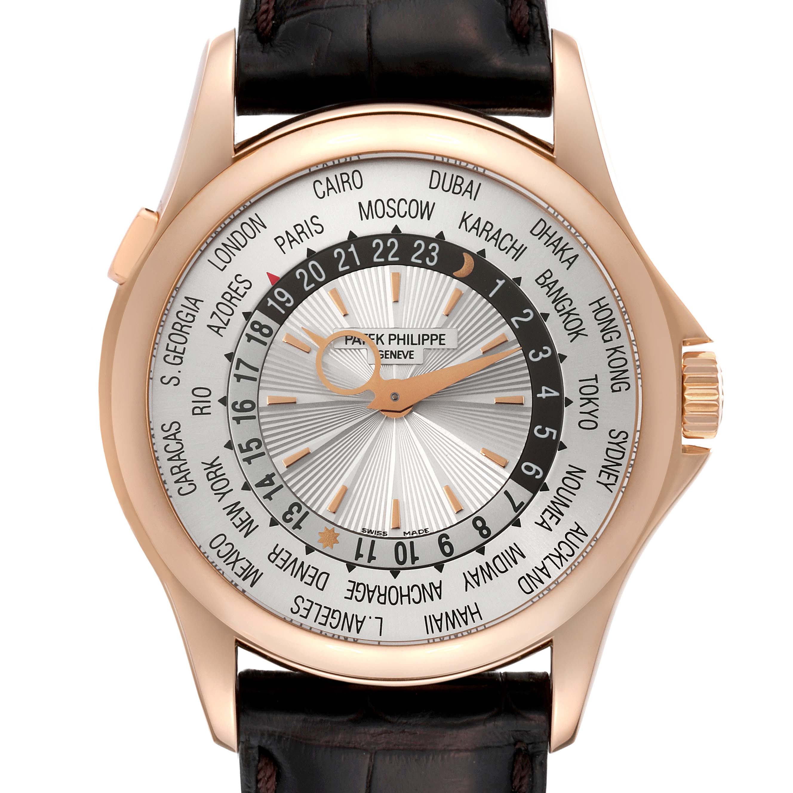 The image shows a front view of the Patek Philippe Complications 5130R-001 Men
s Rose Gold Silver Dial 5130R-001 Men
s Rose Gold Silver Dial model watch, highlighting its world time dial and leather strap.