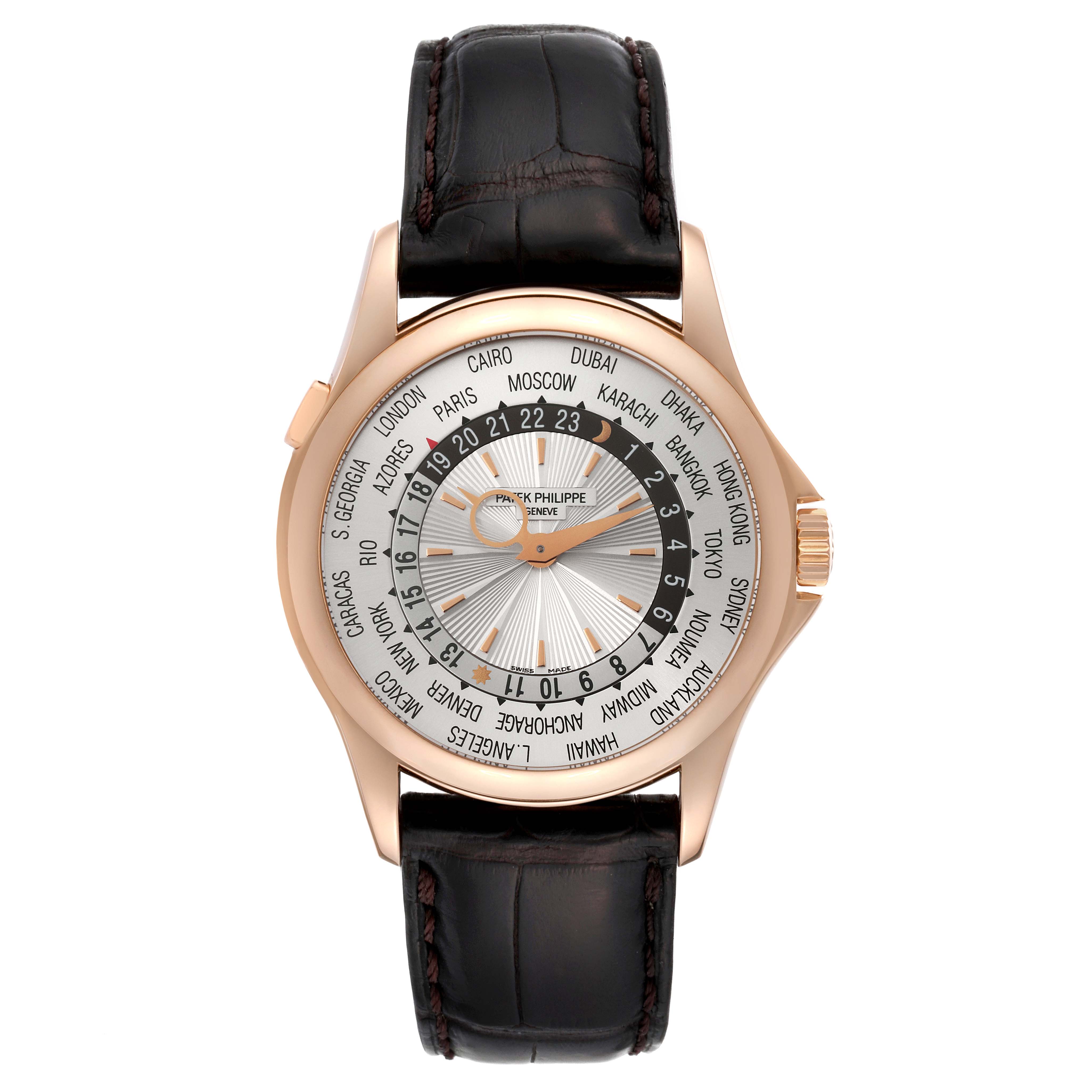 This image shows the front view of a Patek Philippe Complications 5130R-001 Men
s Rose Gold Silver Dial 5130R-001 Men
s Rose Gold Silver Dial model watch with a black leather strap.