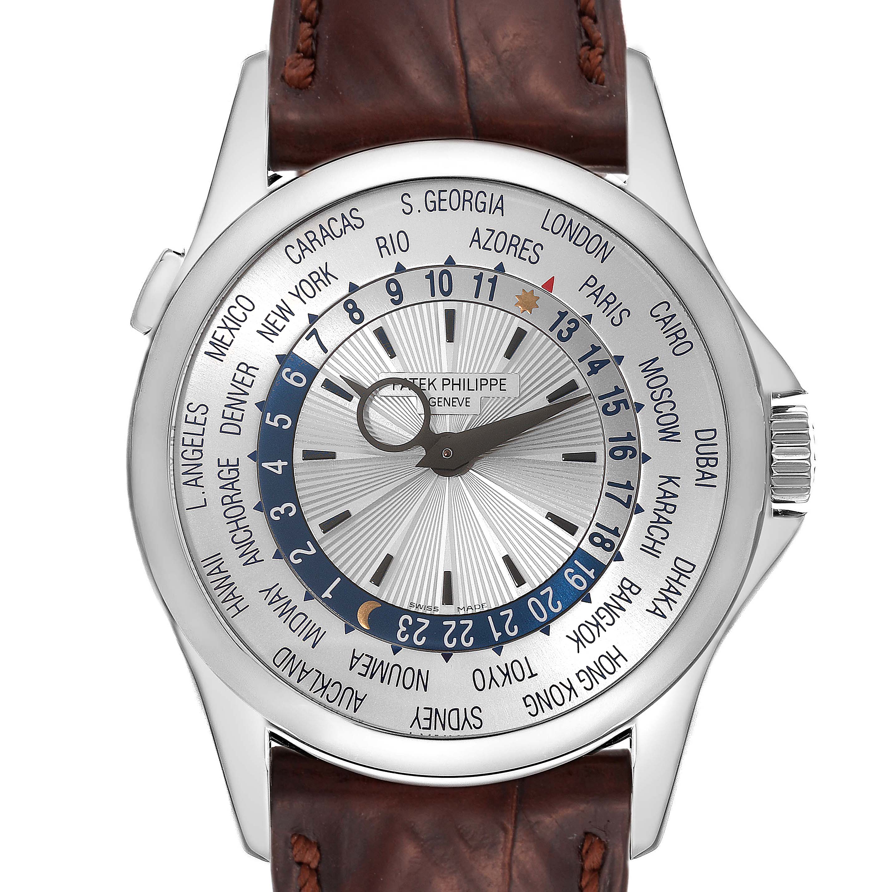 This image shows the face and leather strap of the Patek Philippe Complications 5130G-001 Men
s White Gold Silver Dial 5130G-001 Men
s White Gold Silver Dial model watch from a front angle.