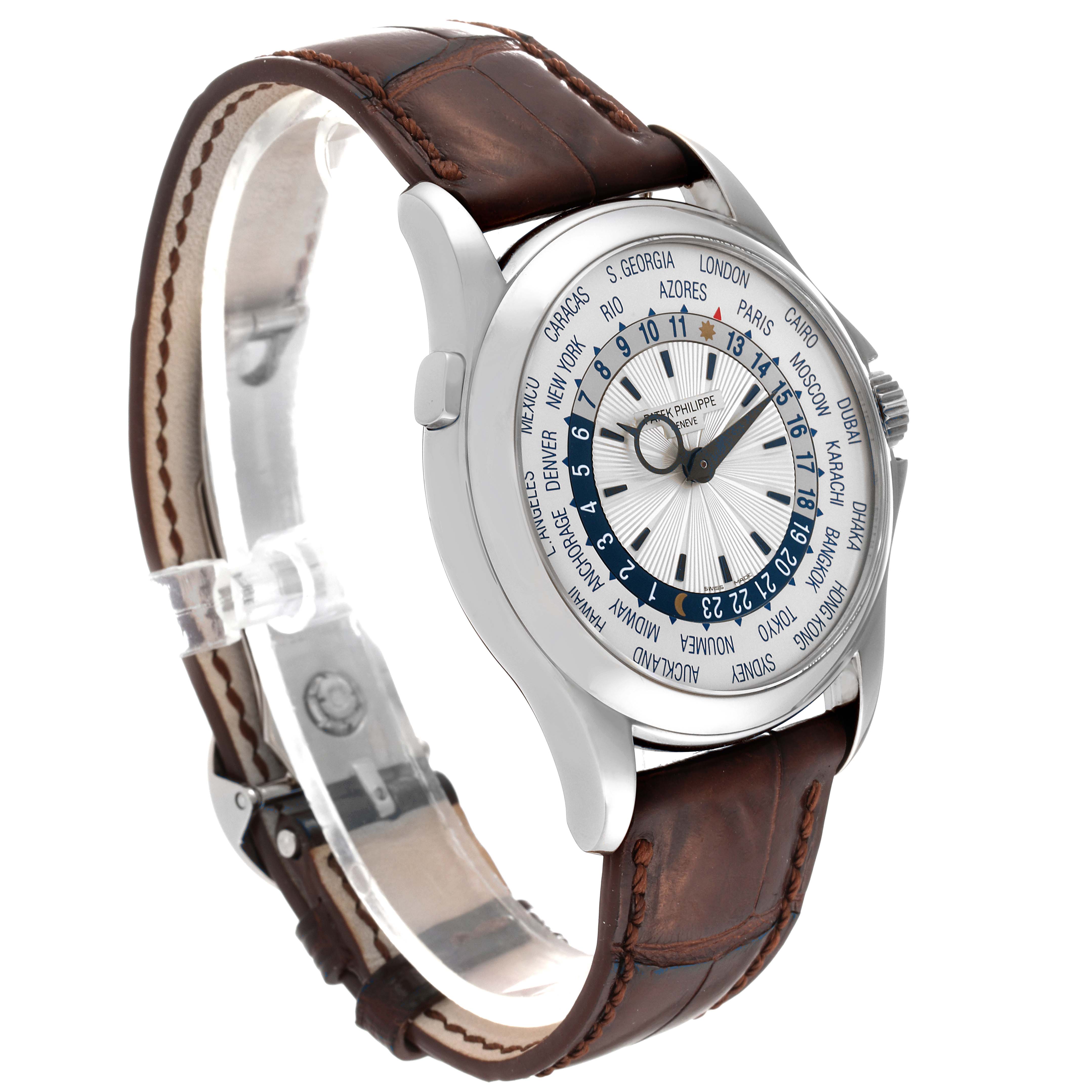 The Patek Philippe Complications 5130G-001 Men
s White Gold Silver Dial 5130G-001 Men
s White Gold Silver Dial watch is shown at a slight angle, highlighting the face, case, and brown leather strap.