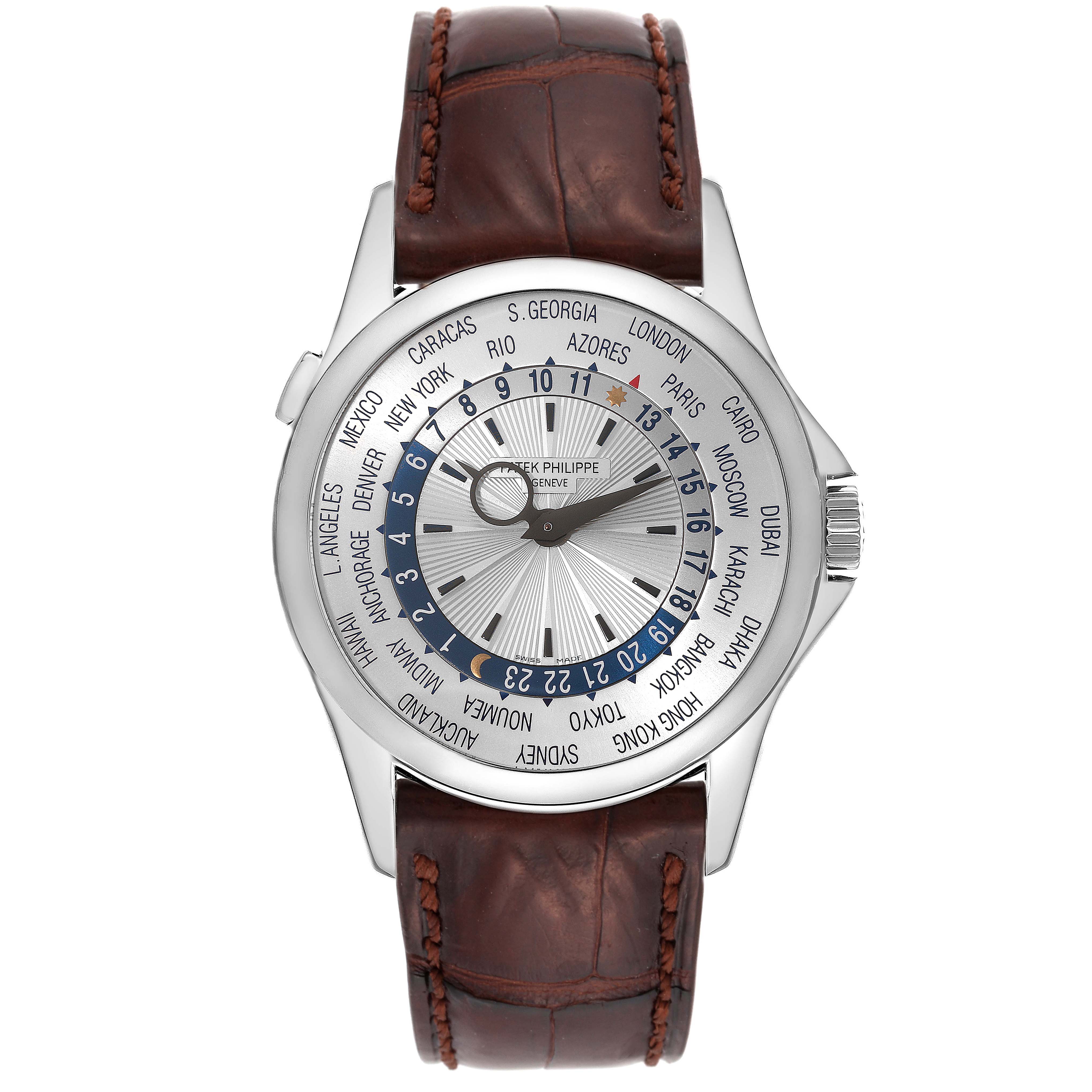 The image shows a front view of the Patek Philippe Complications 5130G-001 Men
s White Gold Silver Dial 5130G-001 Men
s White Gold Silver Dial watch with its face and brown leather strap.
