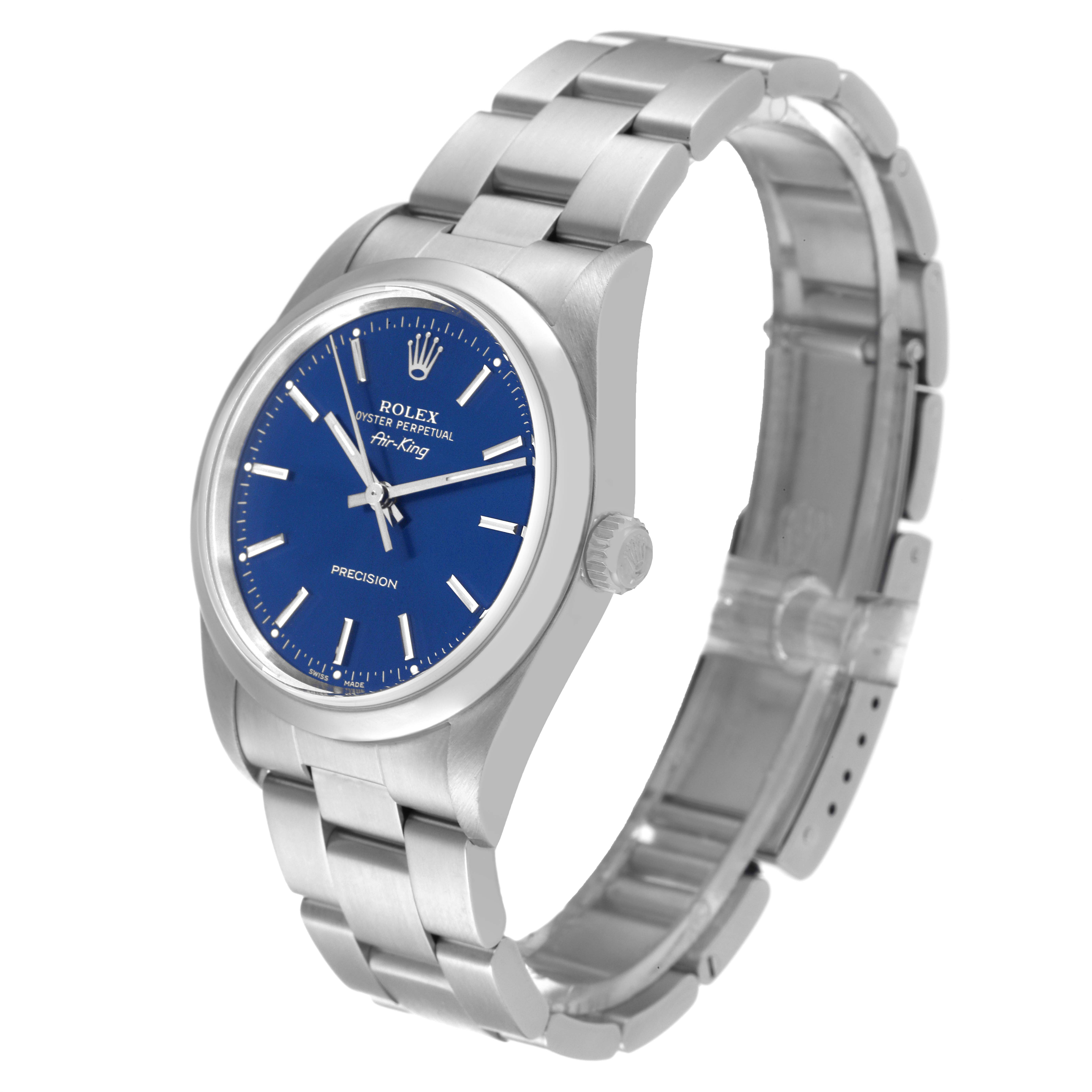 The image shows a side-angle view of the Rolex Air-King 14000 Men's Stainless Steel Blue Dial 14000 Men's Stainless Steel Blue Dial watch, displaying its blue dial, case, and metal bracelet.