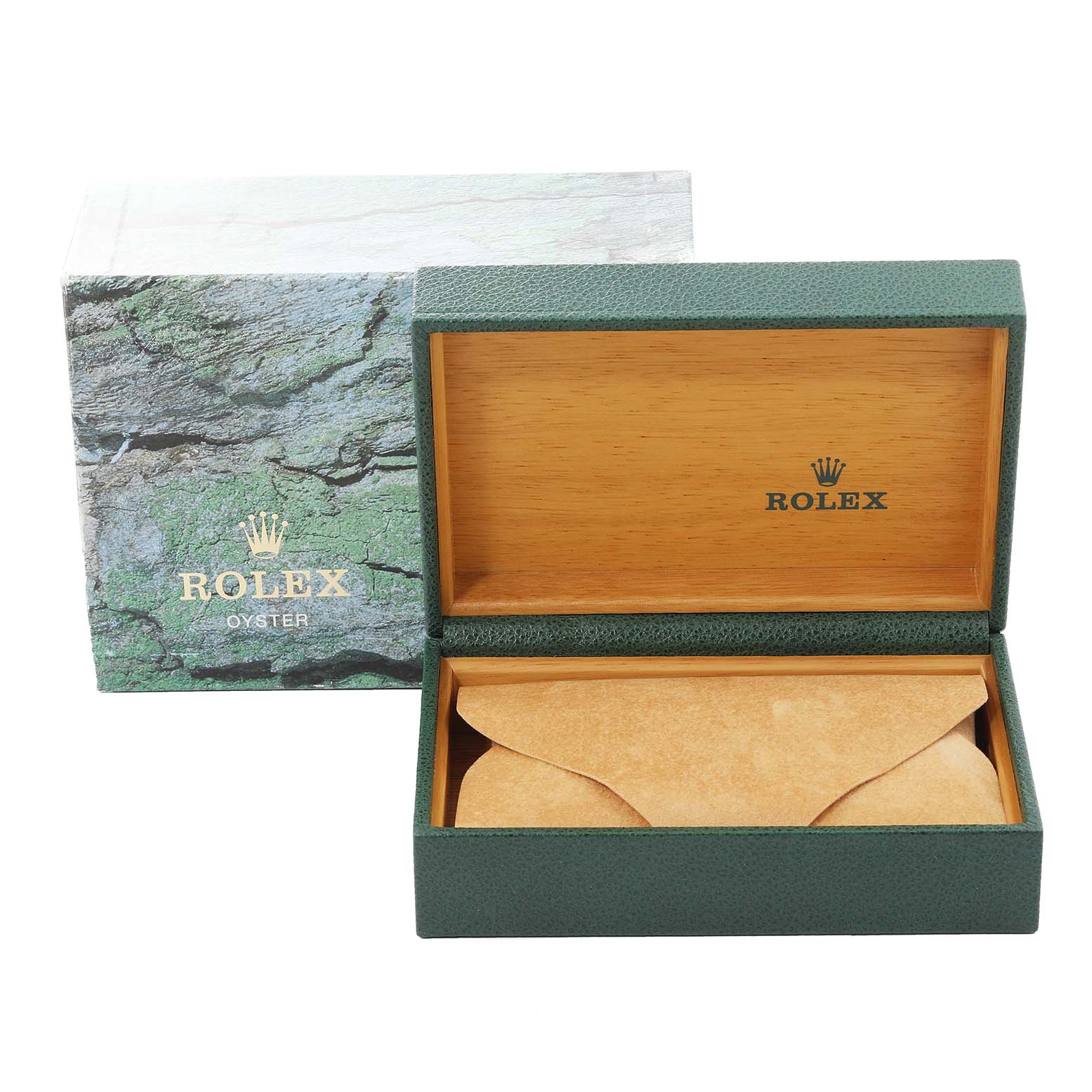 The image shows the packaging for a Rolex Air-King 14000 Men's Stainless Steel Blue Dial 14000 Men's Stainless Steel Blue Dial, including a green and wood box with "Rolex Oyster" branding.