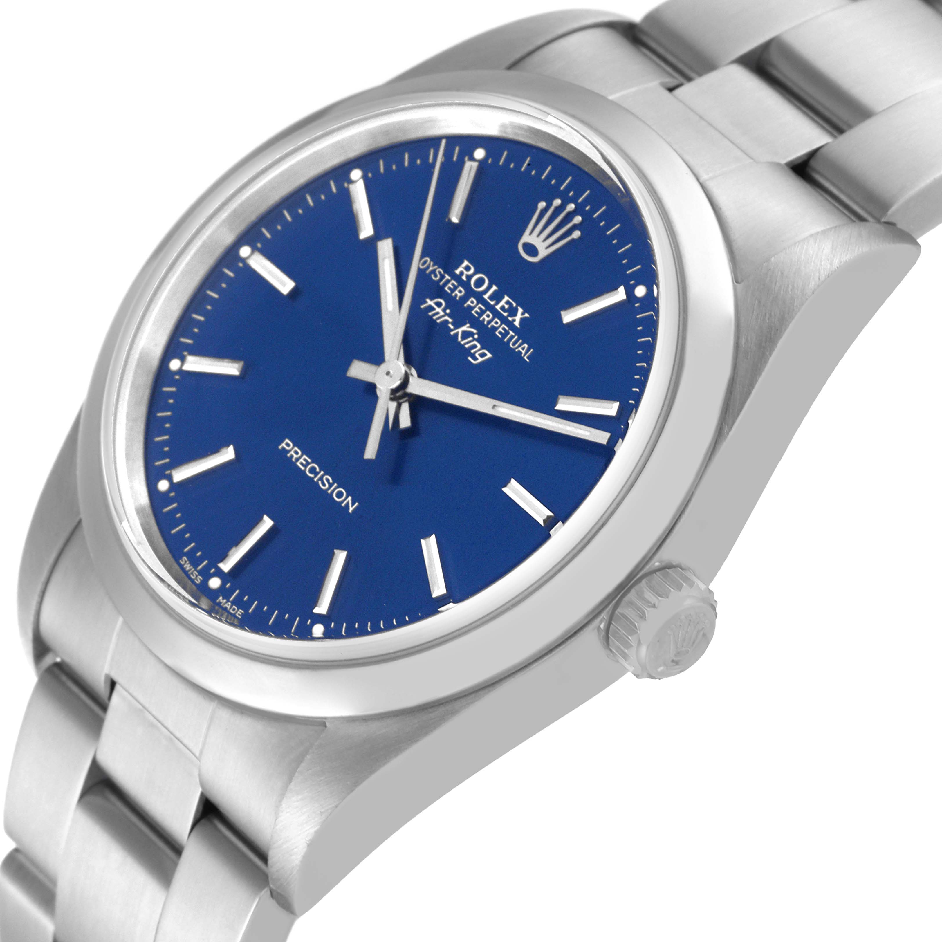 This image shows a Rolex Air-King 14000 Men's Stainless Steel Blue Dial 14000 Men's Stainless Steel Blue Dial watch angled slightly to the right, displaying its blue dial, crown, and part of the stainless steel bracelet.