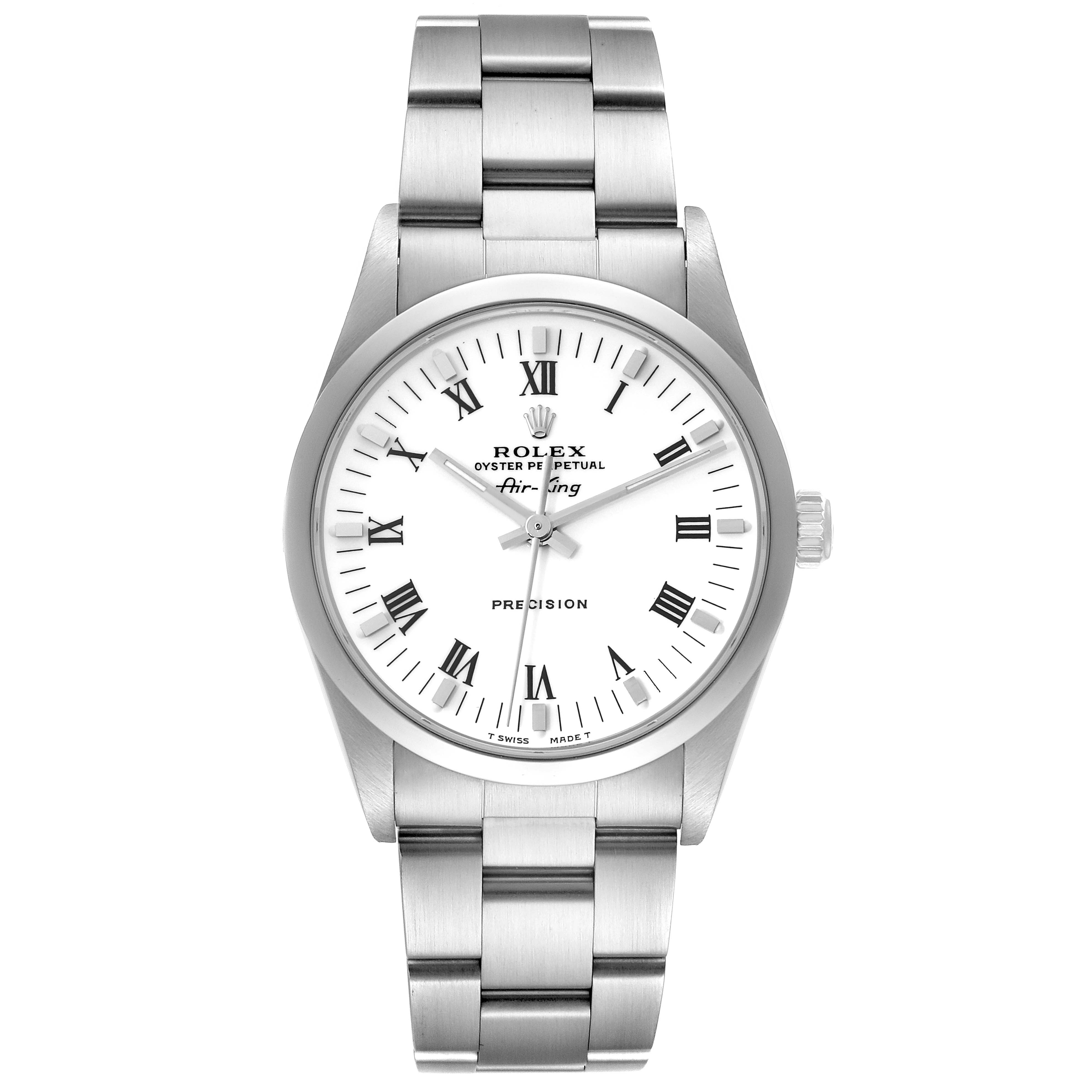 The image shows a front view of the Rolex Air-King 14000 Men's Stainless Steel White Dial 14000 Men's Stainless Steel White Dial watch, highlighting its white dial, Roman numerals, and stainless steel bracelet.