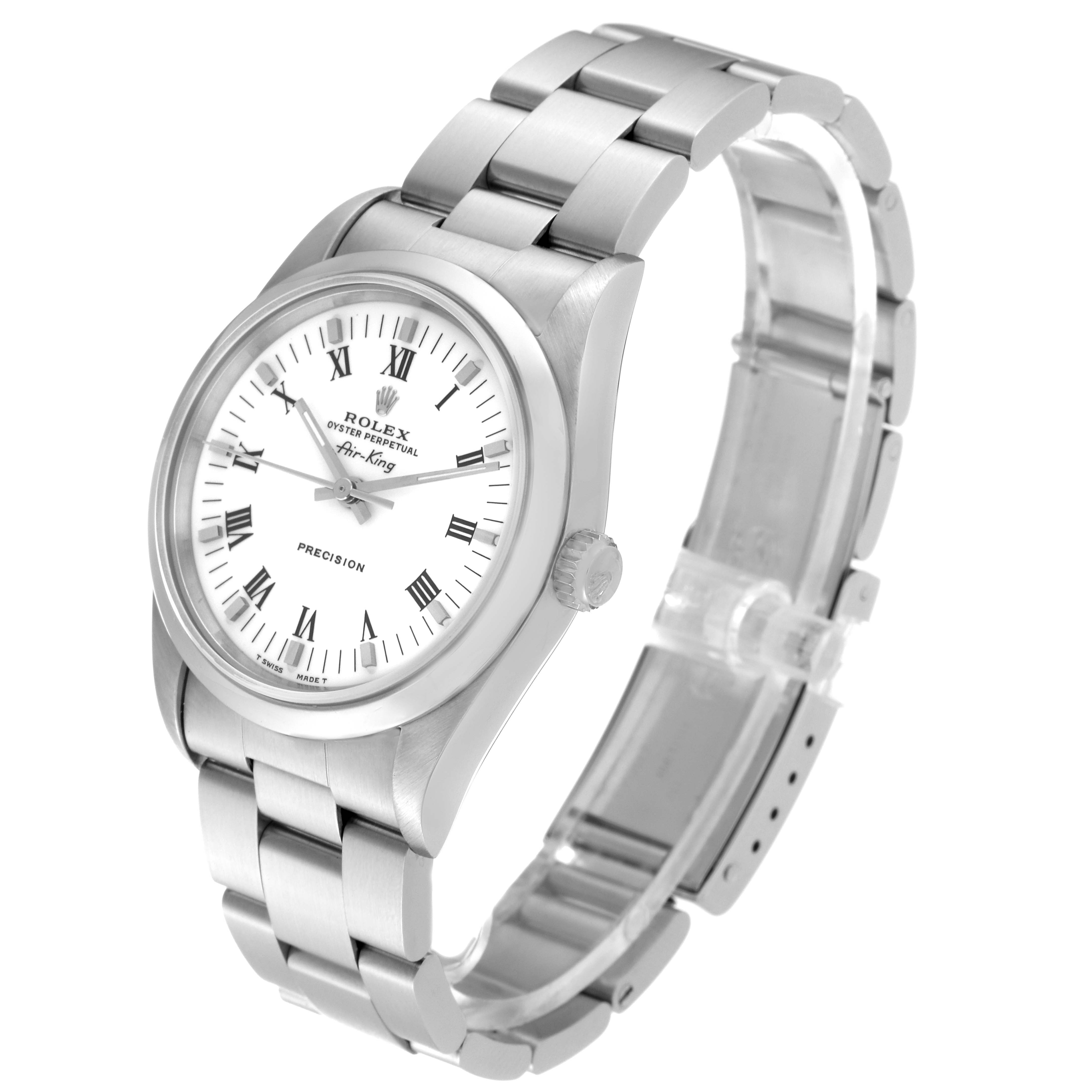 This image shows a side and angled view of a Rolex Air-King 14000 Men's Stainless Steel White Dial 14000 Men's Stainless Steel White Dial watch, displaying its dial, case, and bracelet.