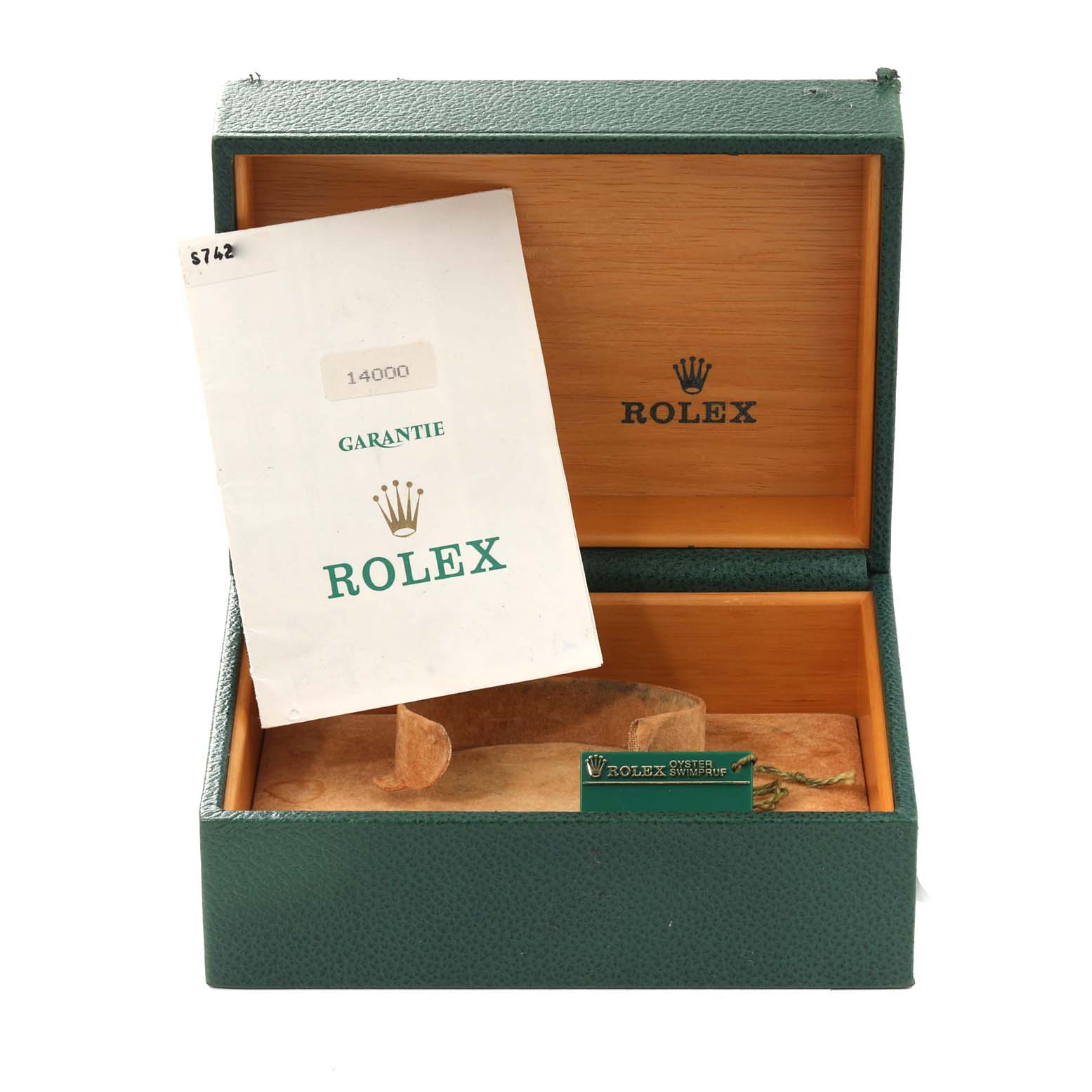 The image shows an open green Rolex box with a warranty card and tag for the Rolex Air-King 14000 Men's Stainless Steel White Dial 14000 Men's Stainless Steel White Dial model.