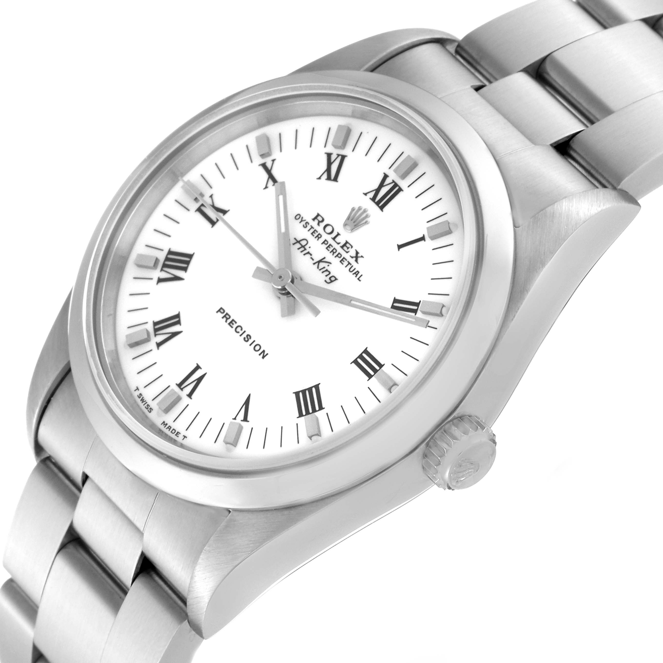 The image shows a close-up, tilted angle of the Rolex Air-King 14000 Men's Stainless Steel White Dial 14000 Men's Stainless Steel White Dial watch, highlighting the dial, crown, and part of the bracelet.