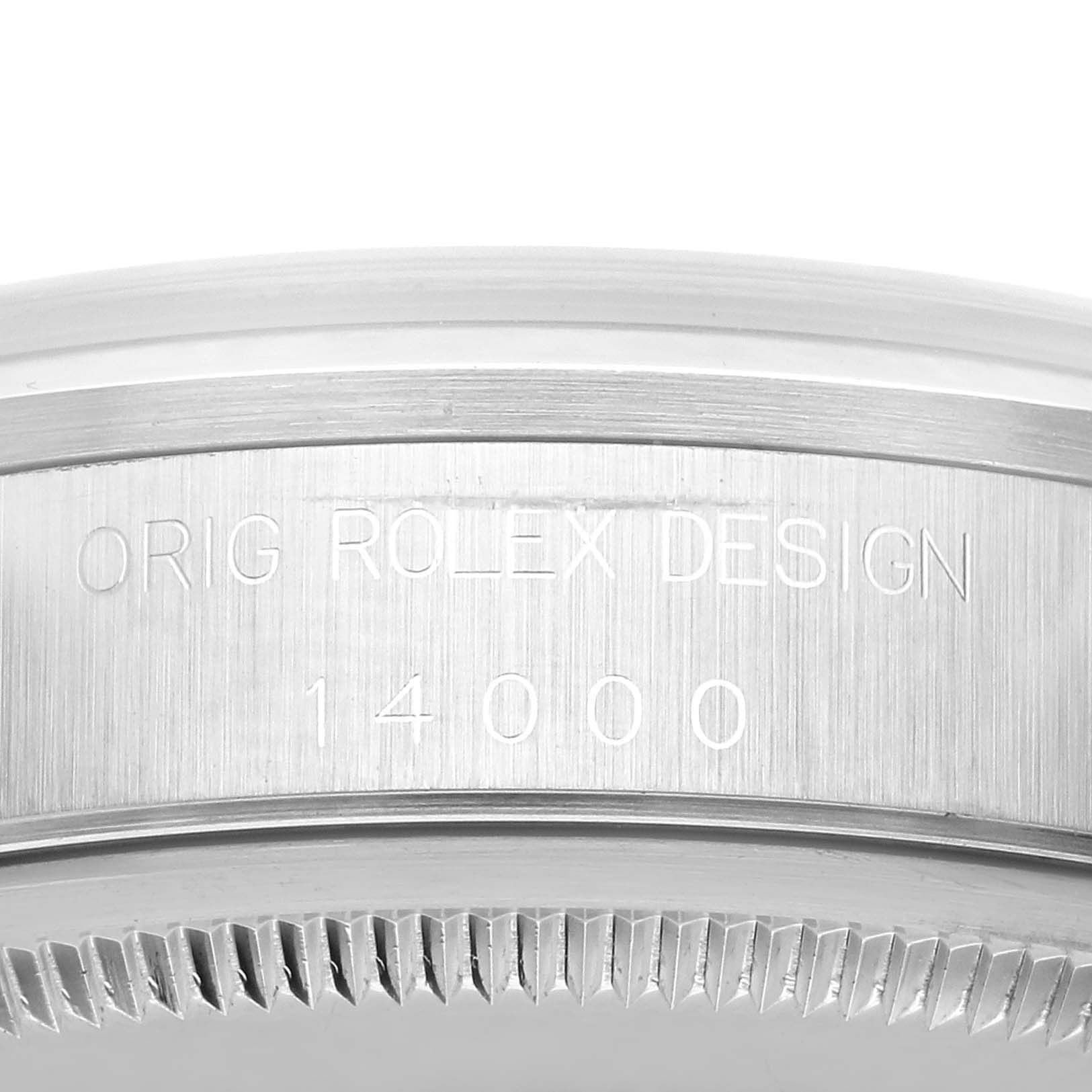 This image shows a close-up view of the side engraving and bezel of a Rolex Air-King 14000 Men's Stainless Steel White Dial 14000 Men's Stainless Steel White Dial watch.