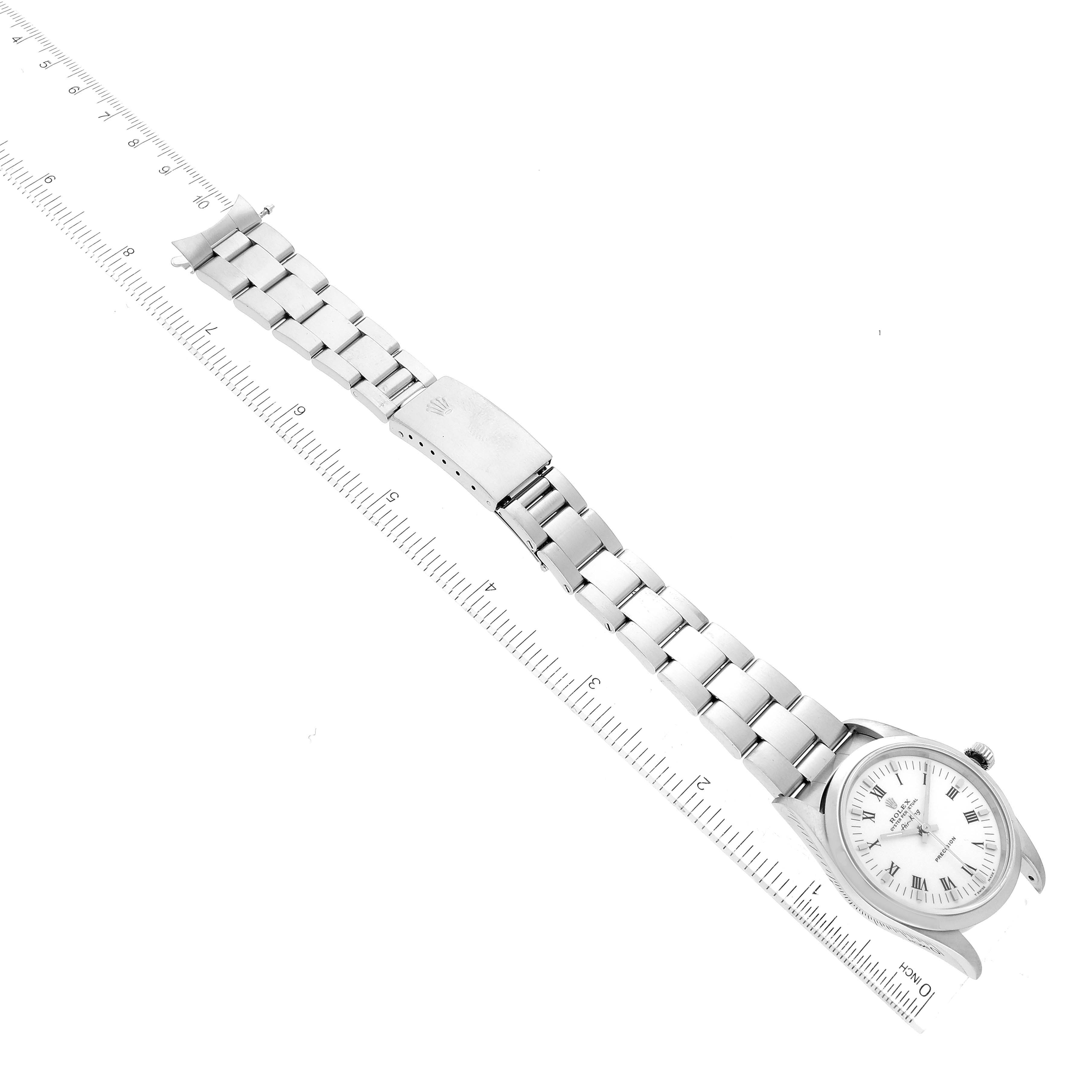 The image shows the Rolex Air-King 14000 Men's Stainless Steel White Dial 14000 Men's Stainless Steel White Dial watch laid flat, displaying the full face, bracelet, and clasp, with a ruler alongside for scale.