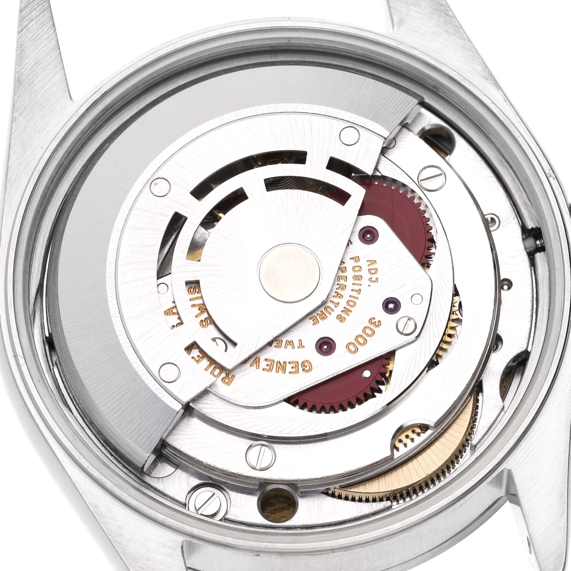 This image shows the internal mechanism of the Rolex Air-King 14000 Men's Stainless Steel White Dial 14000 Men's Stainless Steel White Dial watch from a top-down angle.