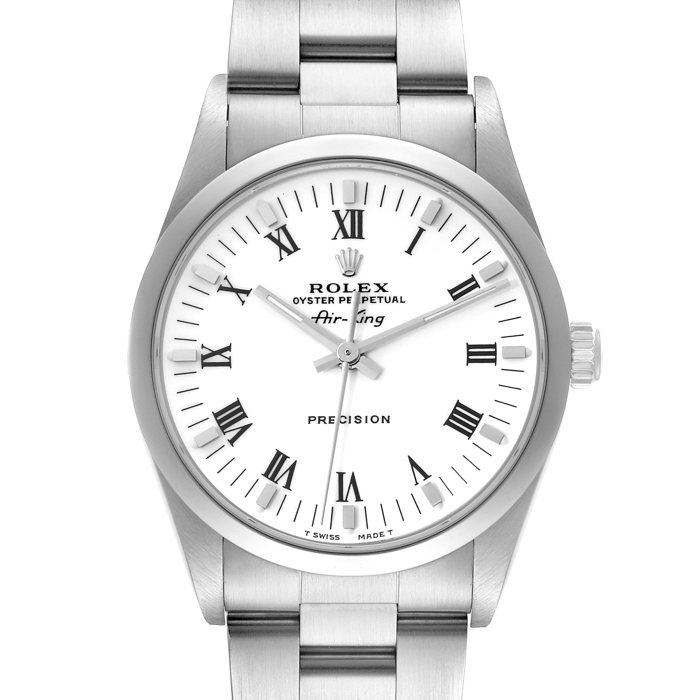 The image shows a front view of a Rolex Air-King 14000 Men's Stainless Steel White Dial 14000 Men's Stainless Steel White Dial watch, highlighting its dial, hour markers, and metal bracelet.