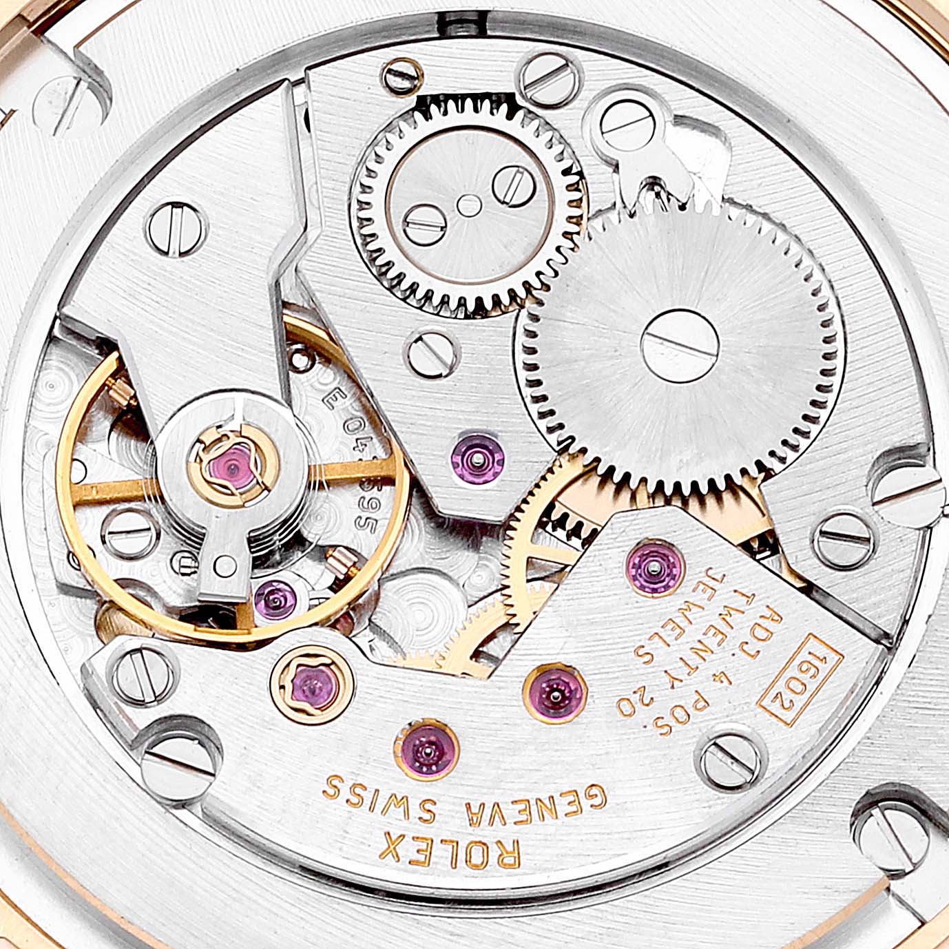 This image shows a close-up view of the movement and internal mechanisms of a Rolex Cellini 5115 Men's Yellow Gold Champagne Dial 5115 Men's Yellow Gold Champagne Dial watch.