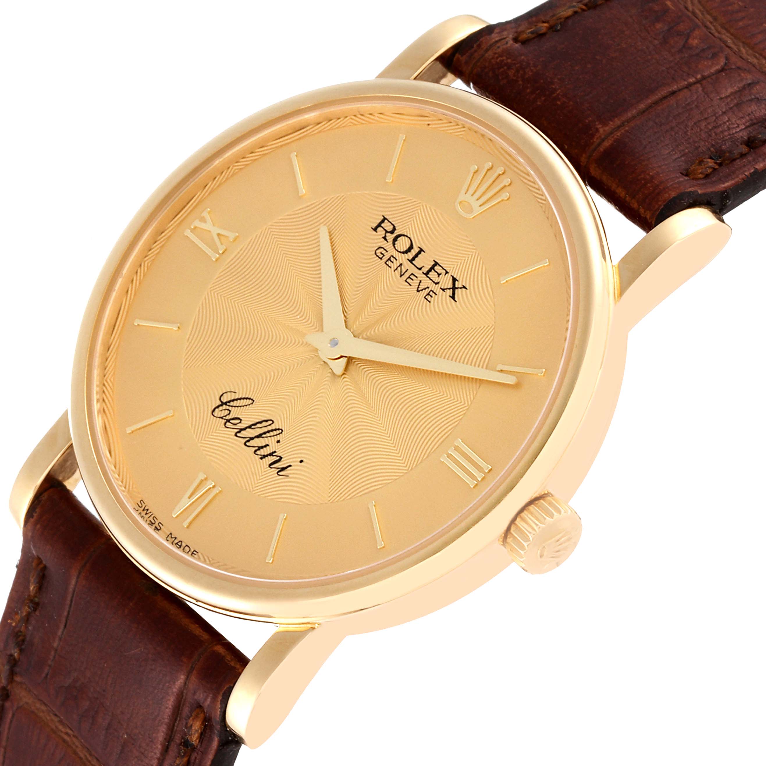 The image shows a close-up angle of the Rolex Cellini 5115 Men's Yellow Gold Champagne Dial 5115 Men's Yellow Gold Champagne Dial watch, highlighting its gold dial, crown, and brown leather strap.