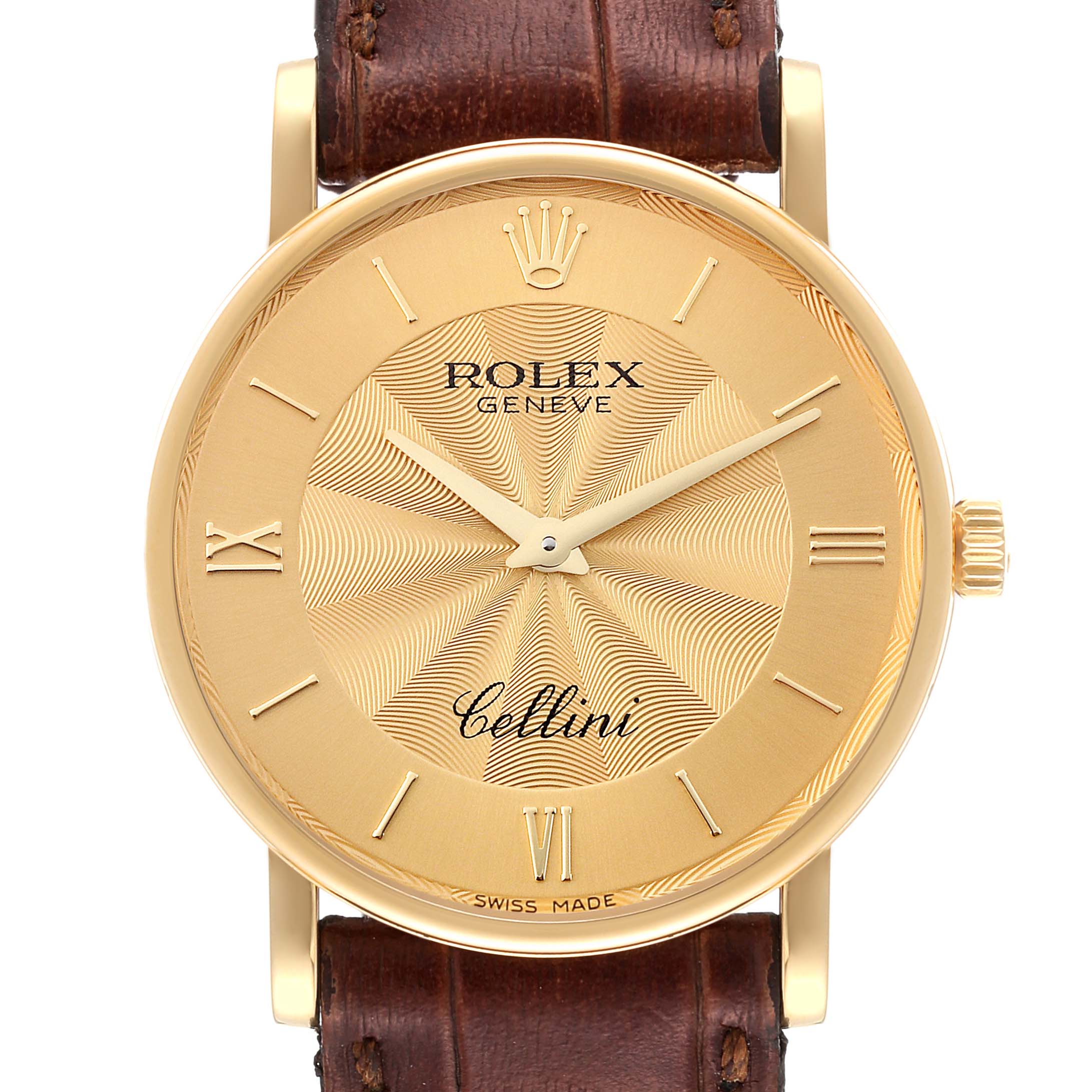 This image shows a front view of a Rolex Cellini 5115 Men's Yellow Gold Champagne Dial 5115 Men's Yellow Gold Champagne Dial watch featuring a gold case, brown leather strap, and Roman numeral markers.