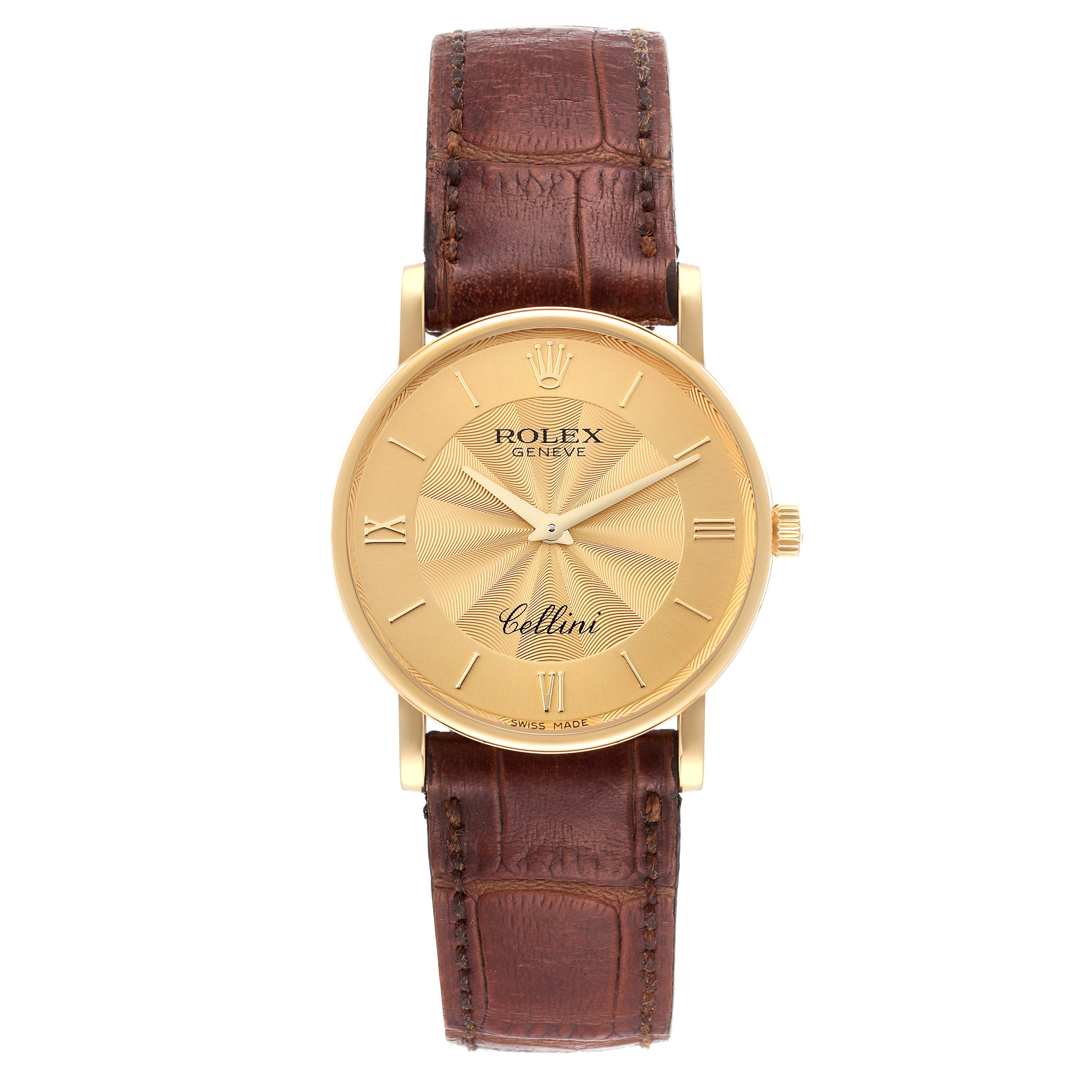 This image shows a Rolex Cellini 5115 Men's Yellow Gold Champagne Dial 5115 Men's Yellow Gold Champagne Dial watch from a front angle, displaying its gold face, Roman numerals, and brown leather strap.