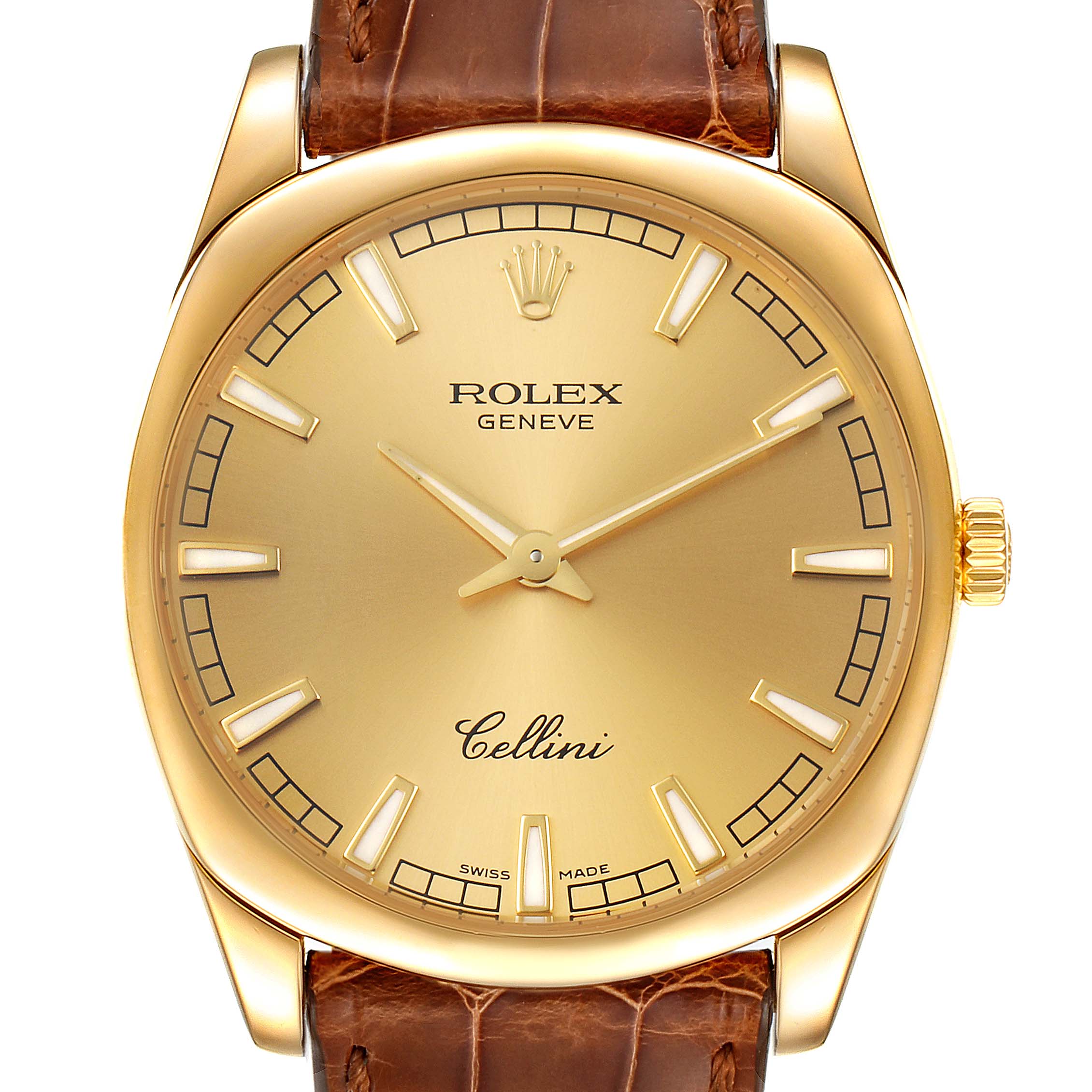 The image shows a front view of the Rolex Cellini 4243 Men's Yellow Gold Champagne Dial 4243 Men's Yellow Gold Champagne Dial watch, highlighting its gold case, brown leather strap, and detailed dial.