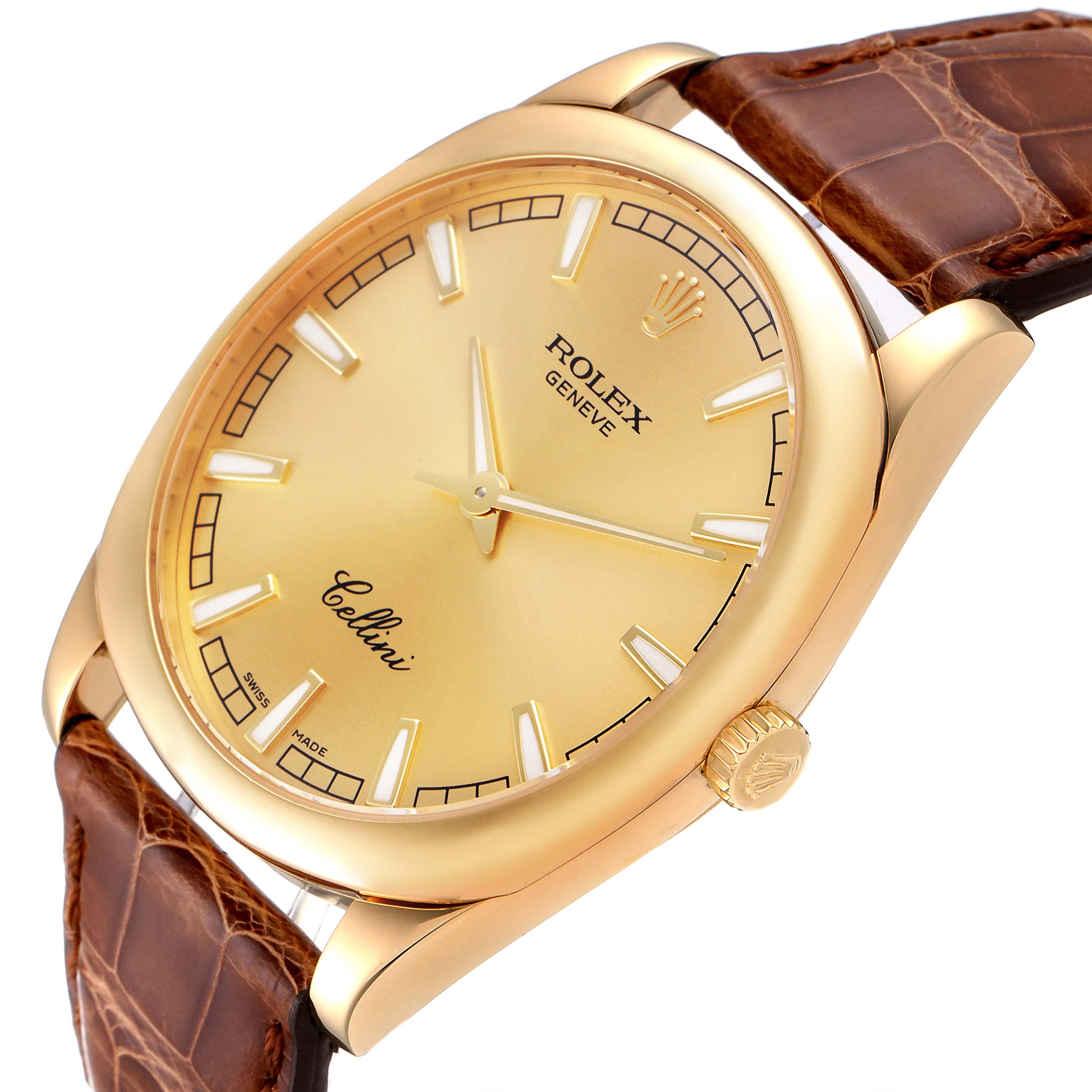 This Rolex Cellini 4243 Men's Yellow Gold Champagne Dial 4243 Men's Yellow Gold Champagne Dial watch is shown at an angled front view, highlighting the dial, bezel, case, crown, and strap.