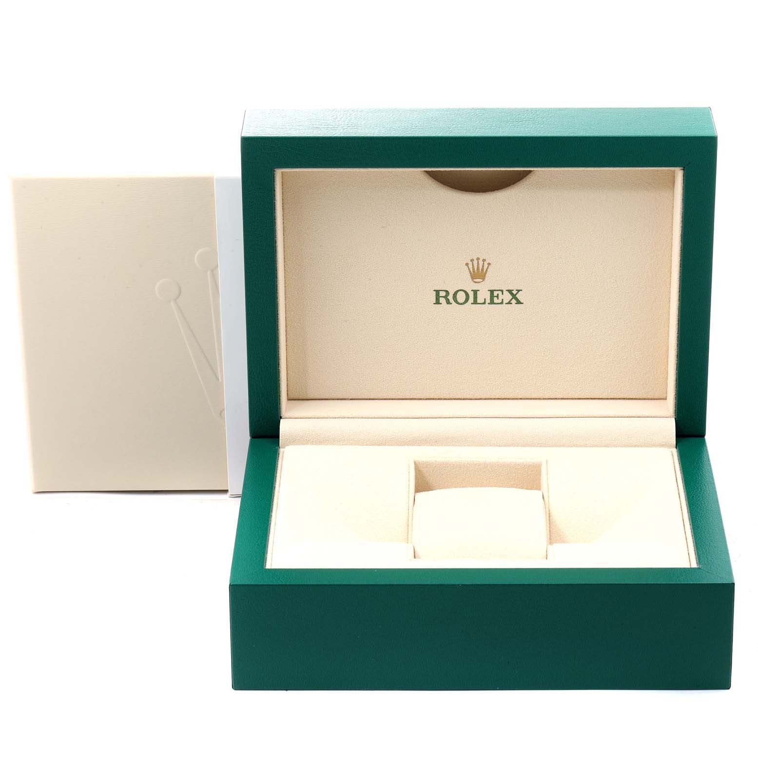 The image shows an open Rolex Cellini 4243 Men's Yellow Gold Champagne Dial 4243 Men's Yellow Gold Champagne Dial watch box and its outer packaging, photographed from the front angle.