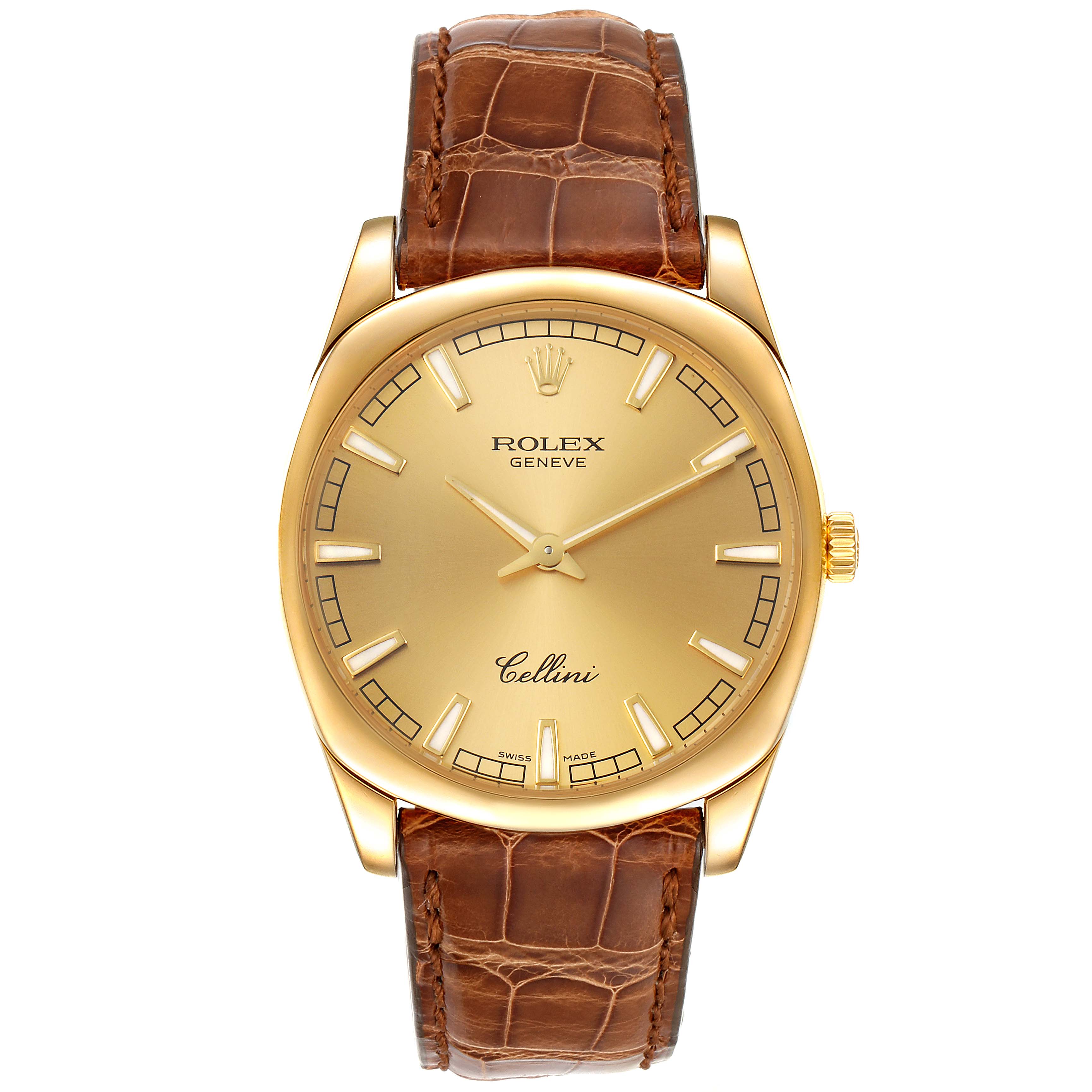 The watch is a Rolex Cellini 4243 Men's Yellow Gold Champagne Dial 4243 Men's Yellow Gold Champagne Dial model shown from a front angle, highlighting its golden dial, case, and brown leather strap.