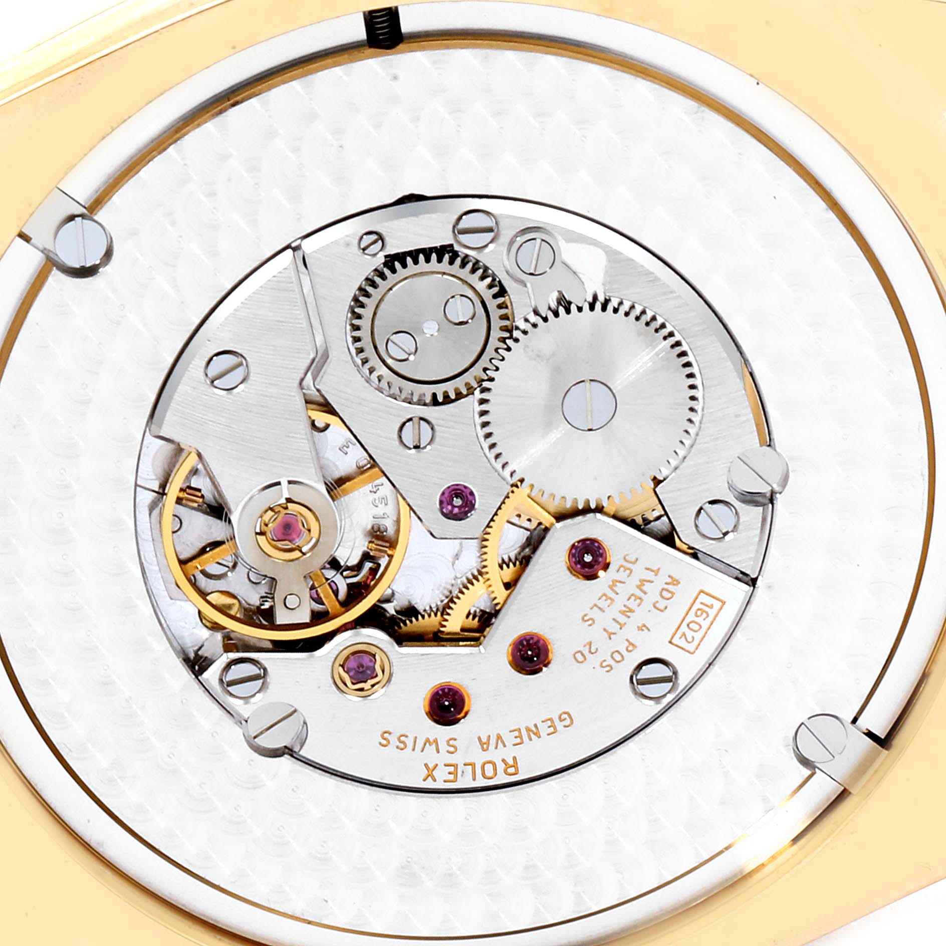 This image shows the movement mechanism of the Rolex Cellini 4243 Men's Yellow Gold Champagne Dial 4243 Men's Yellow Gold Champagne Dial model from a top-down angle.