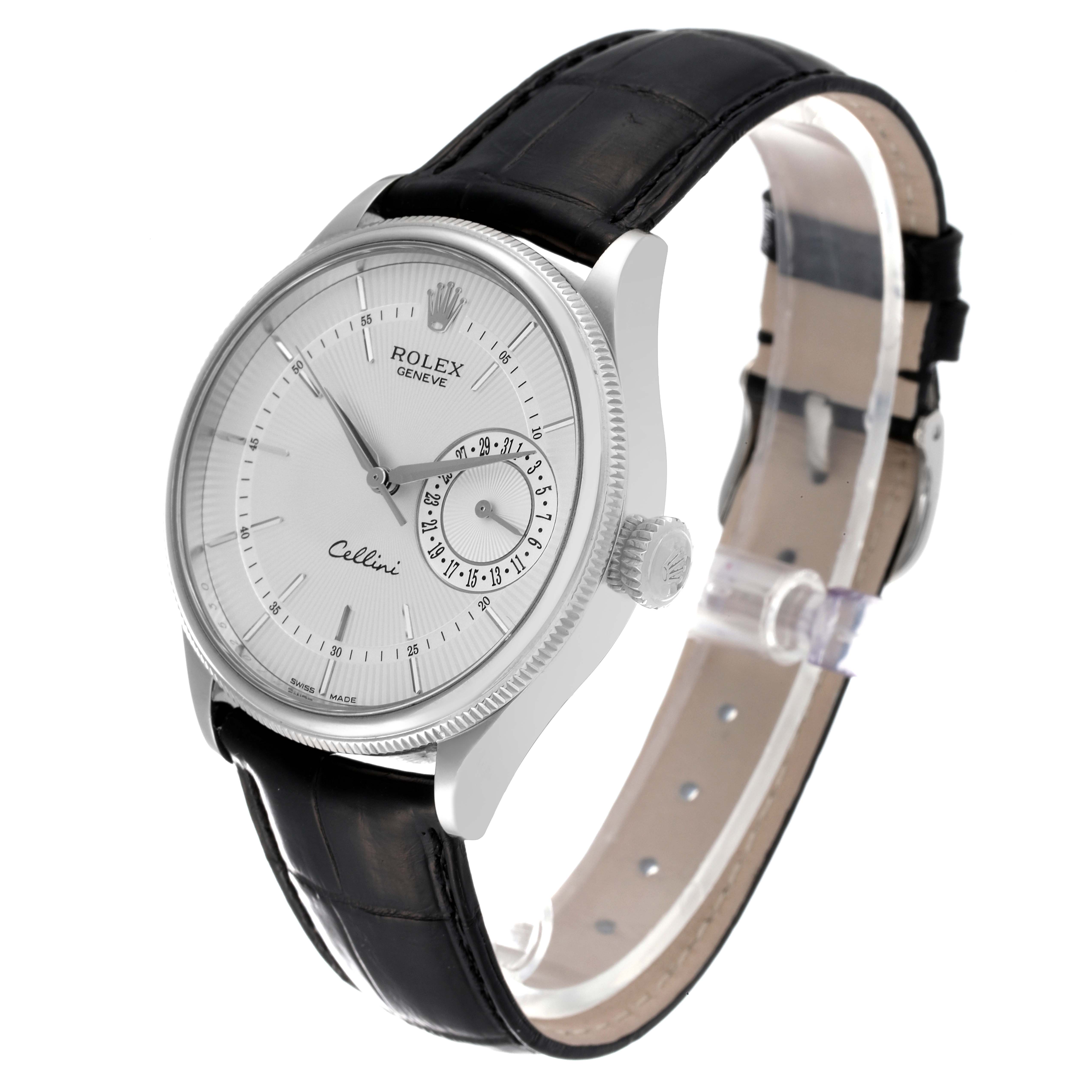 The image shows a Rolex Cellini 50519 Men's White Gold Silver Dial 50519 Men's White Gold Silver Dial watch at a three-quarter angle, highlighting its dial, crown, and black leather strap.