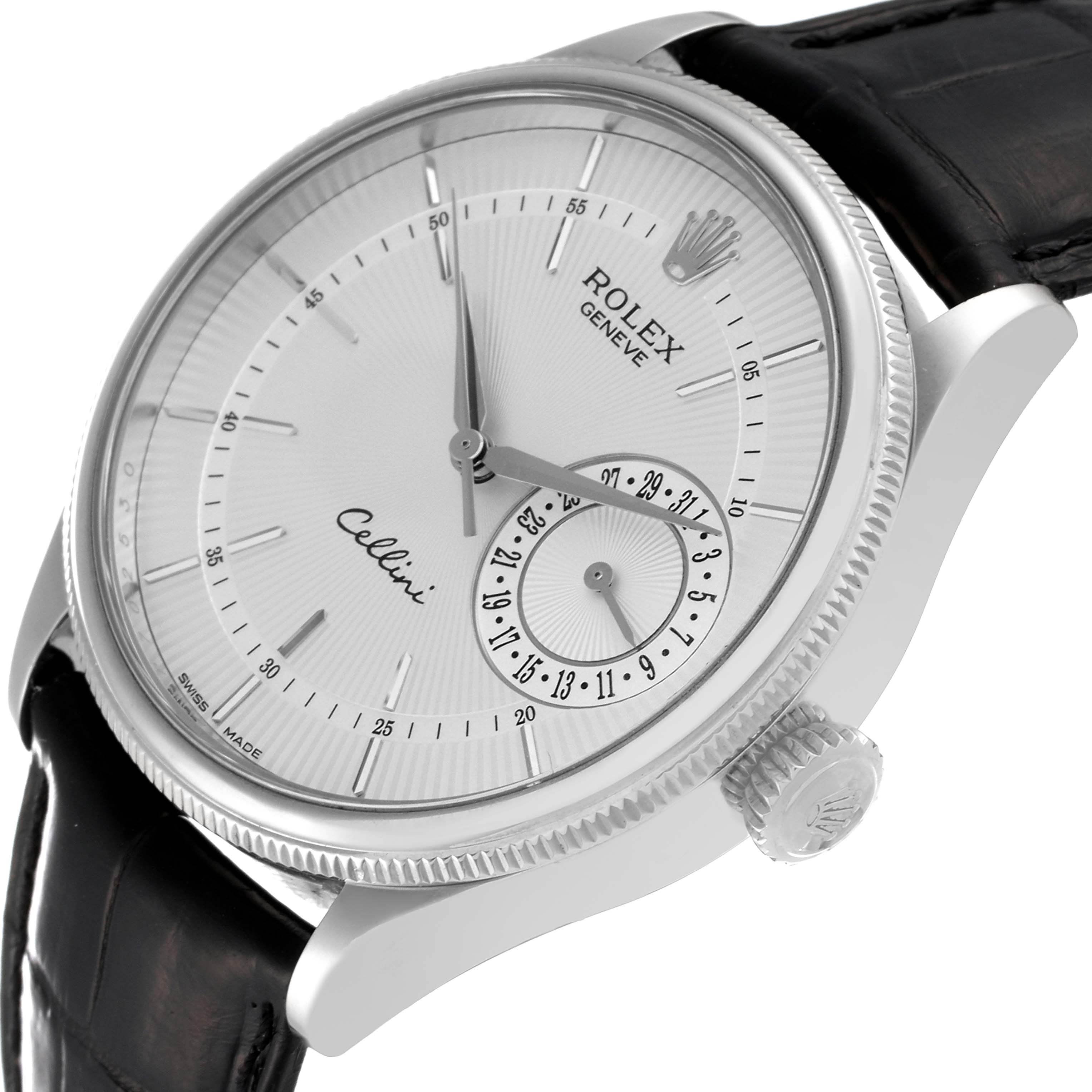 This image shows a close-up, angled side view of the Rolex Cellini 50519 Men's White Gold Silver Dial 50519 Men's White Gold Silver Dial watch, highlighting the face, crown, and leather strap.