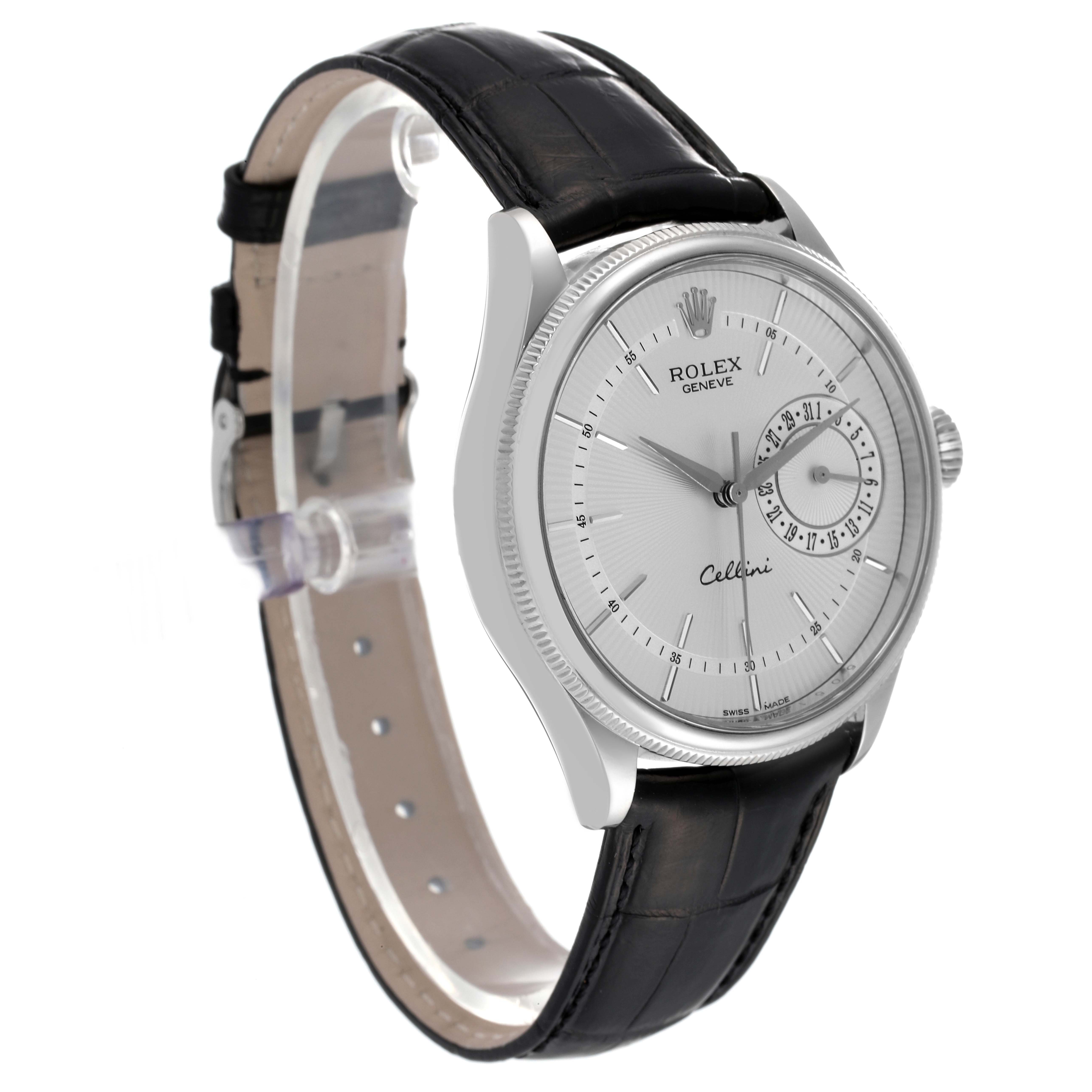 This image shows a side and partial front view of the Rolex Cellini 50519 Men's White Gold Silver Dial 50519 Men's White Gold Silver Dial watch, highlighting the dial, case, and leather strap.