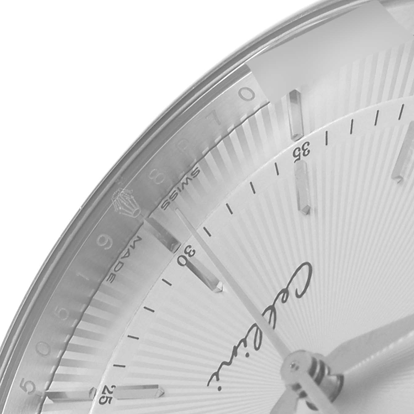 Close-up angle showing the dial, markers, and partial hands of a Rolex Cellini 50519 Men's White Gold Silver Dial 50519 Men's White Gold Silver Dial watch.