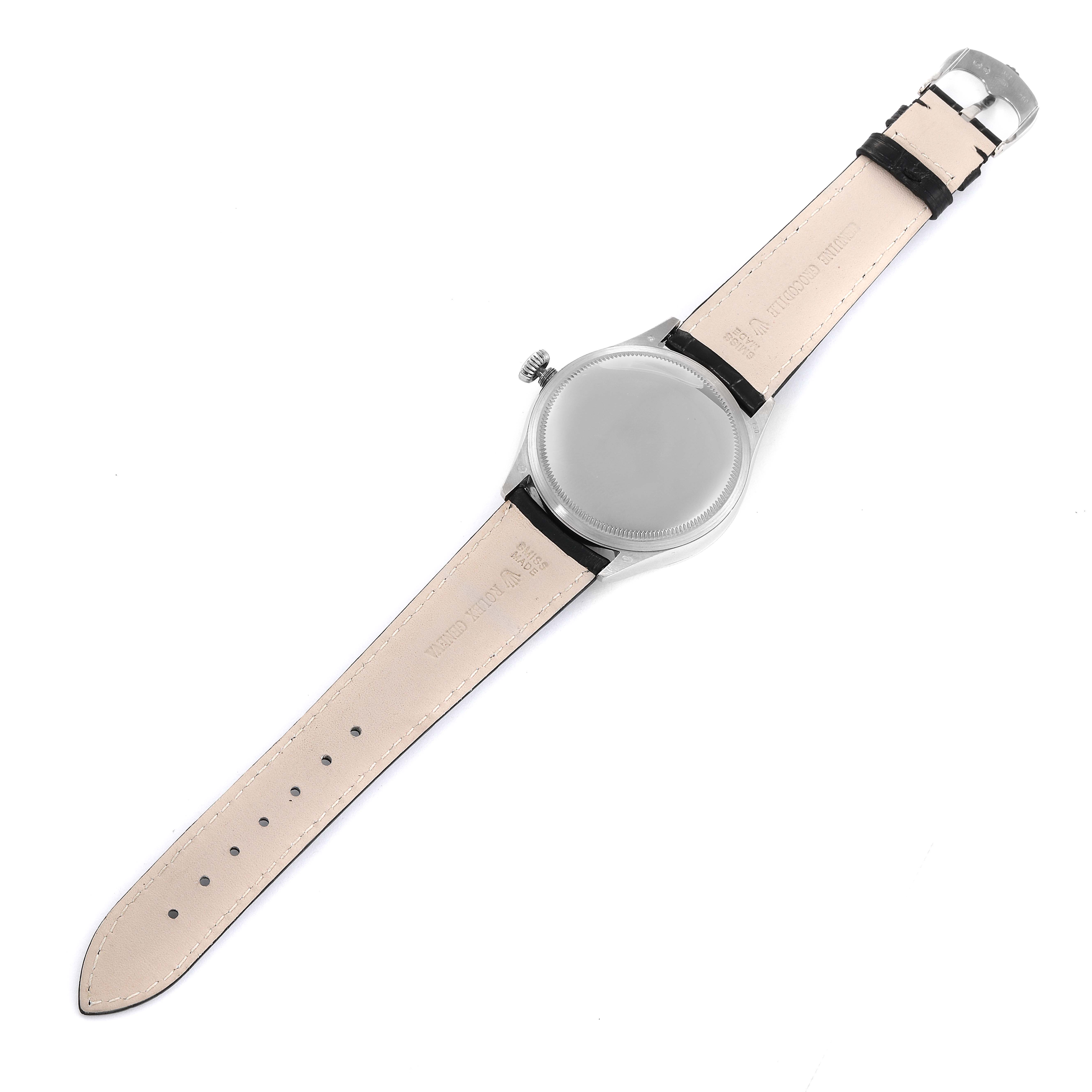 The image shows the back view of a Rolex Cellini 50519 Men's White Gold Silver Dial 50519 Men's White Gold Silver Dial watch with its leather strap and case back visible.