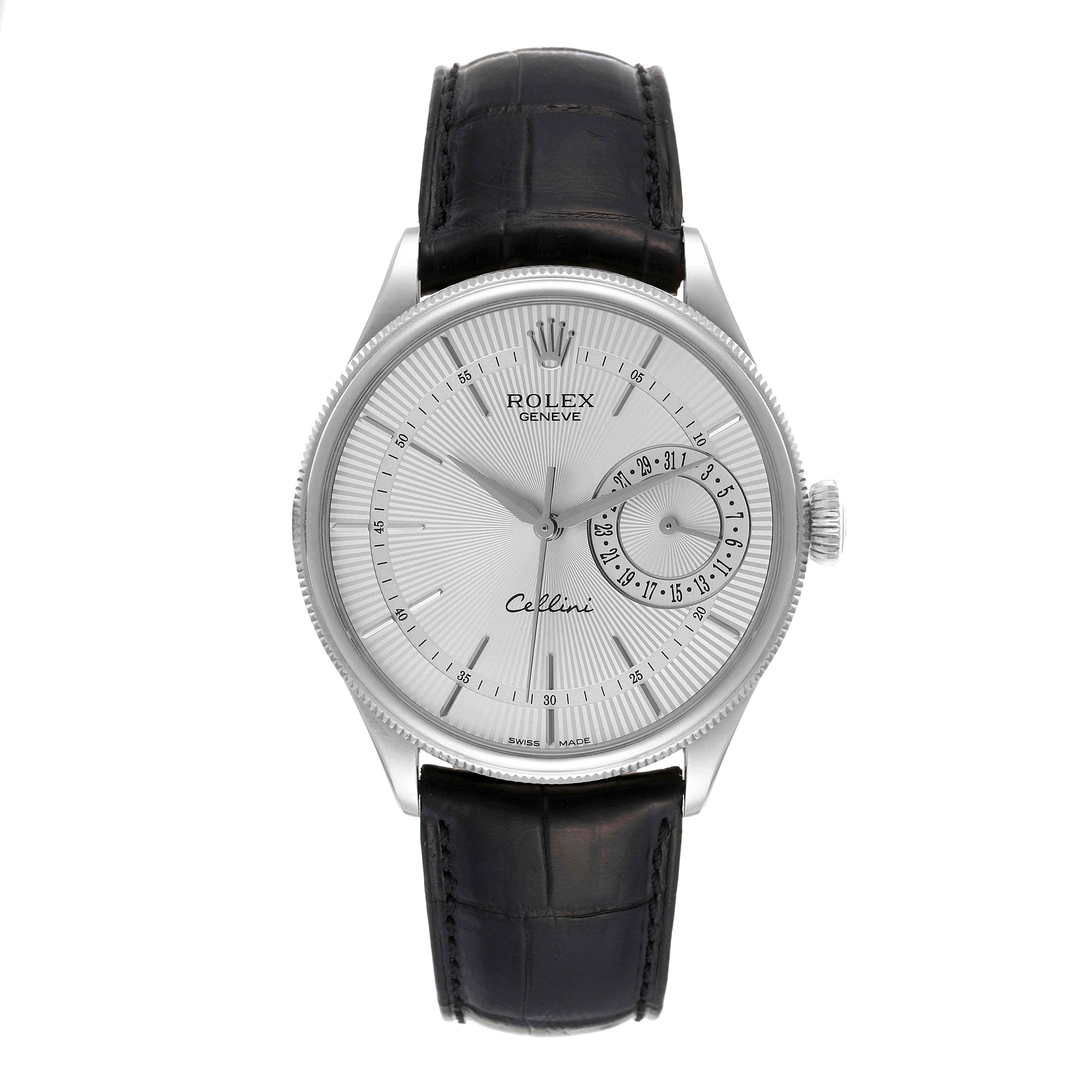 The image shows a front view of the Rolex Cellini 50519 Men's White Gold Silver Dial 50519 Men's White Gold Silver Dial watch, highlighting its dial, crown, and leather strap.